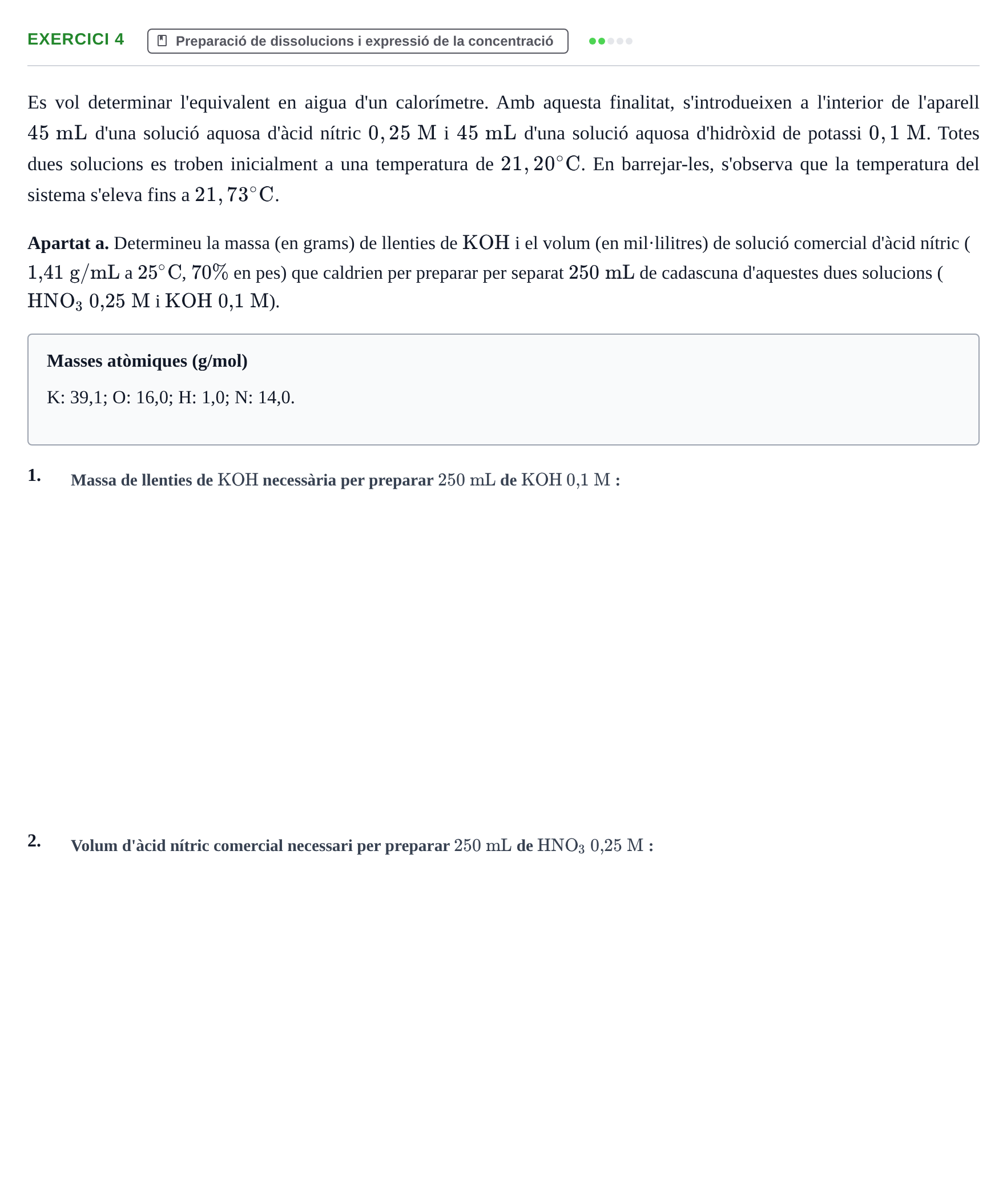 Enunciado: Ejercicio 4 - Preparació de dissolucions · Química Aplicada II UB 2021