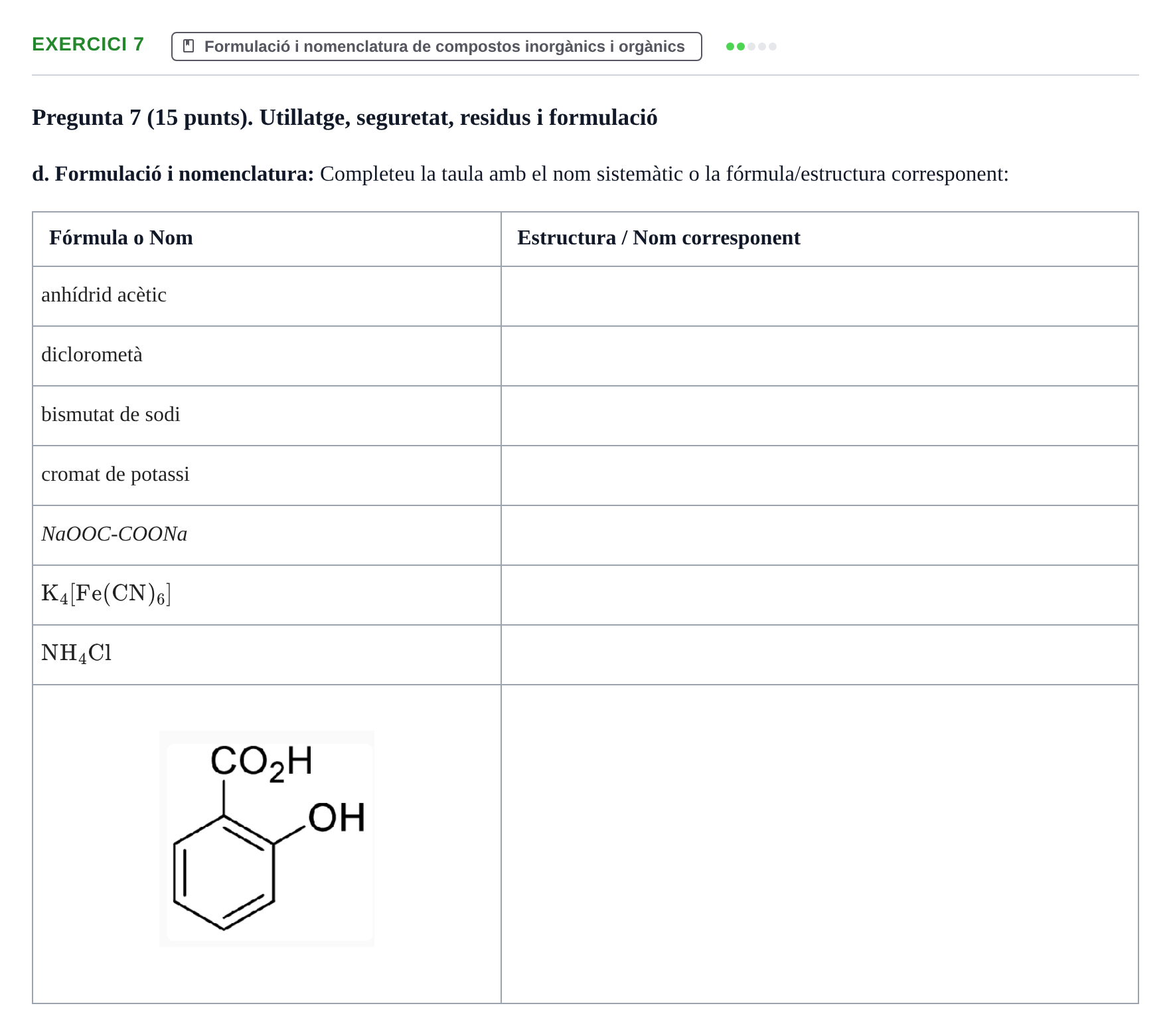 Enunciado: Ejercicio 7 - Formulació i nomenclatura · Química Aplicada II UB 2021