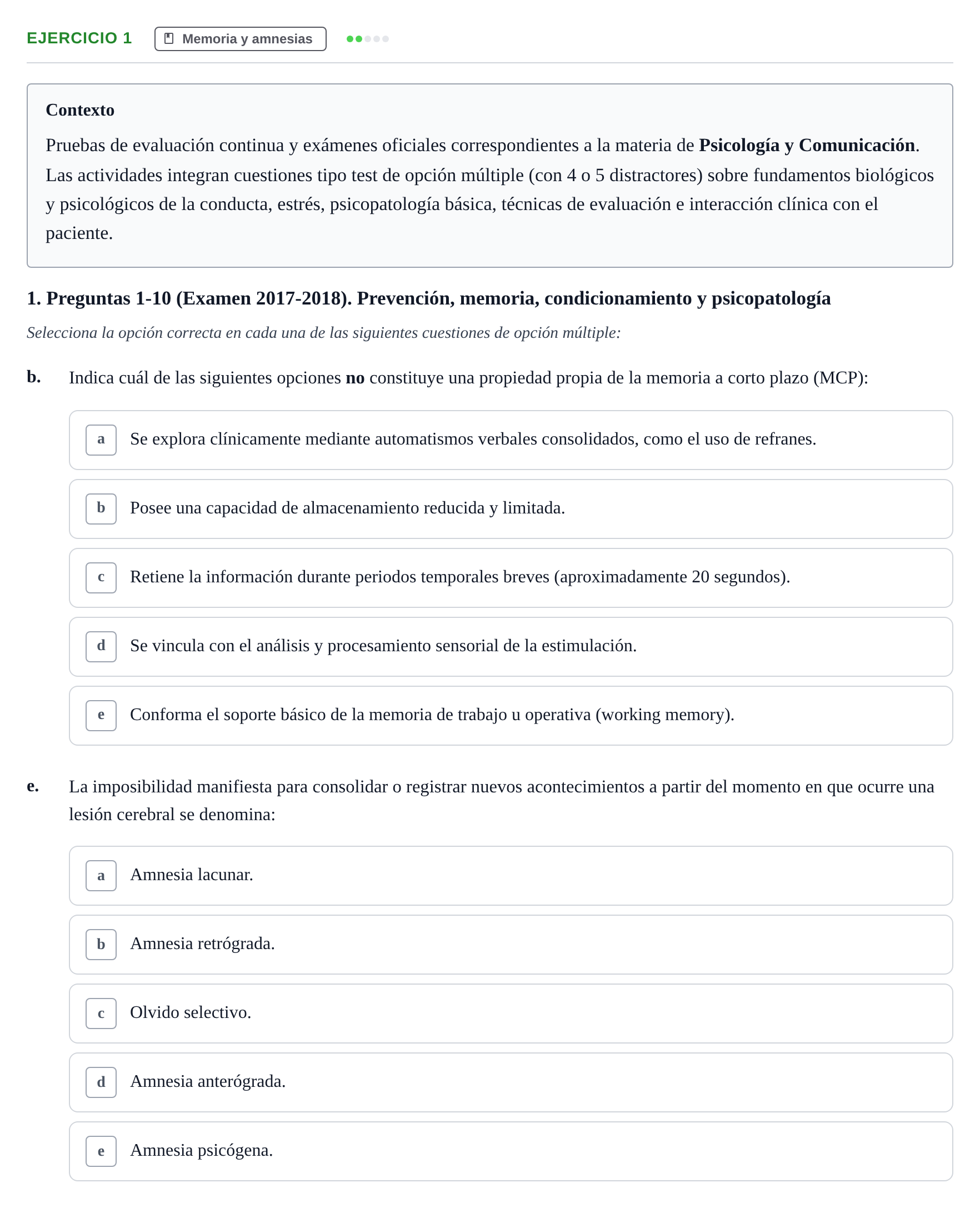 Enunciado: Ejercicio 1 - Memoria y amnesias · Psicología y Comunicación UB 2017