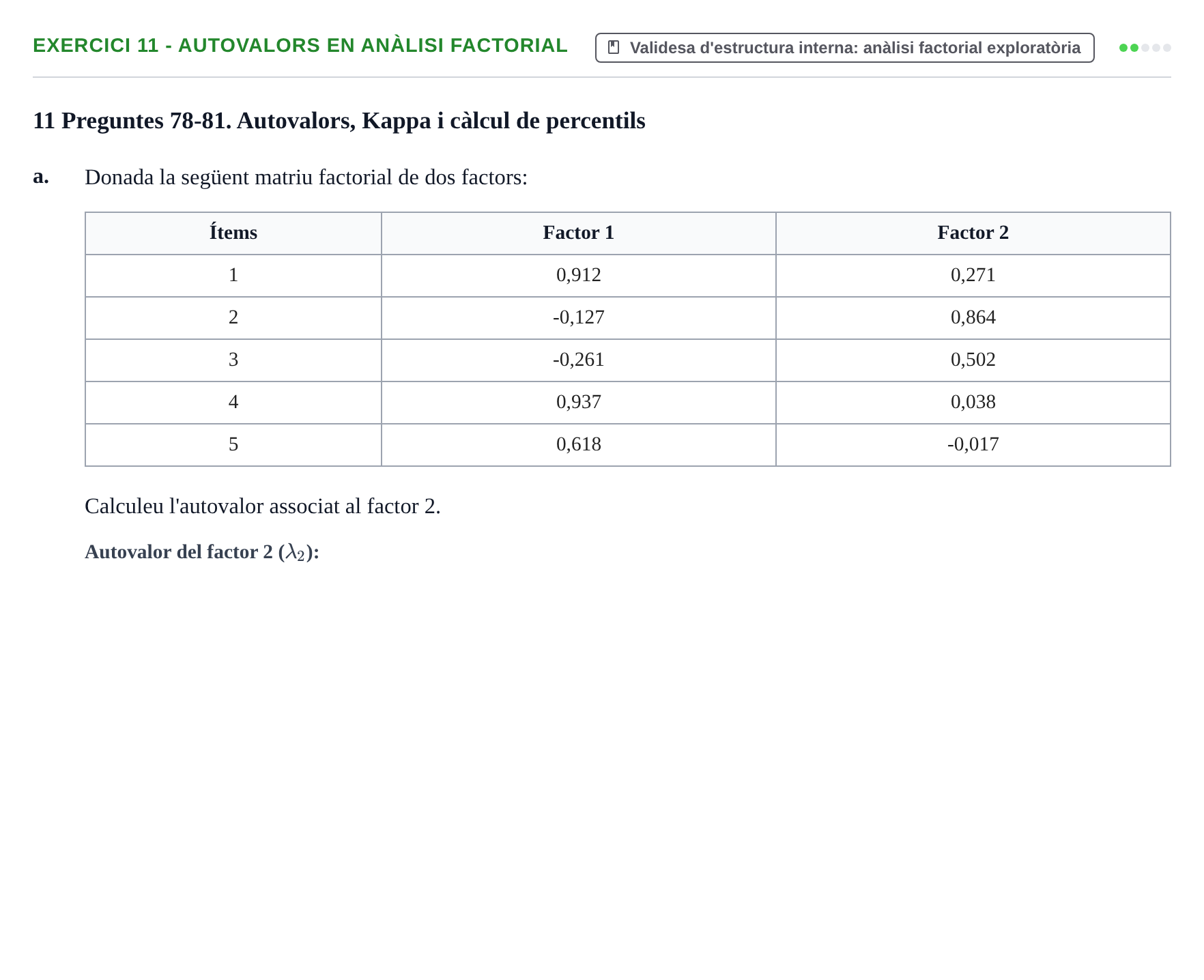Enunciado: Ejercicio 11 - Autovalors en anàlisi factorial · Psicometría UB Exemples