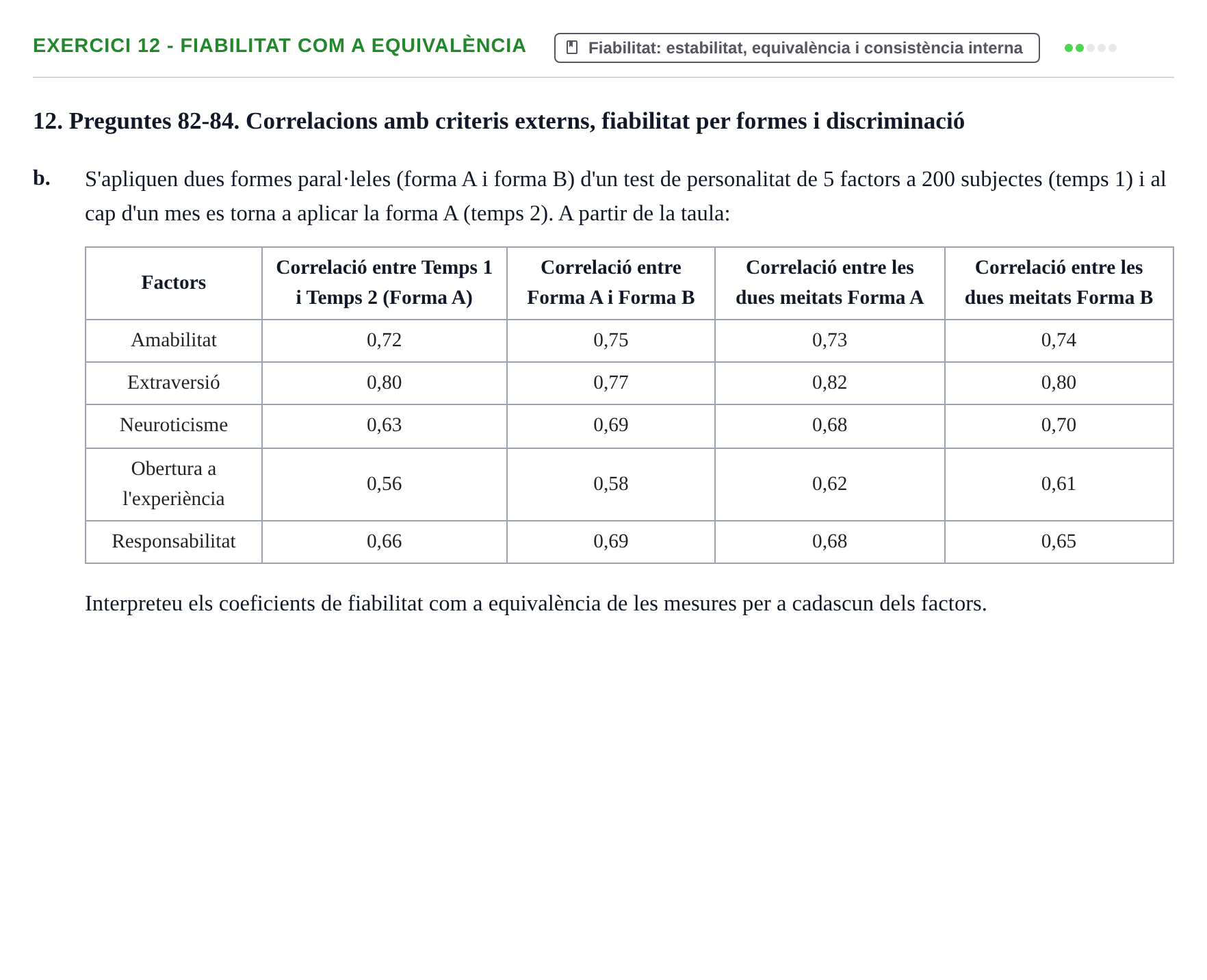 Enunciado: Ejercicio 12 - Fiabilitat com a equivalència · Psicometría UB Exemples