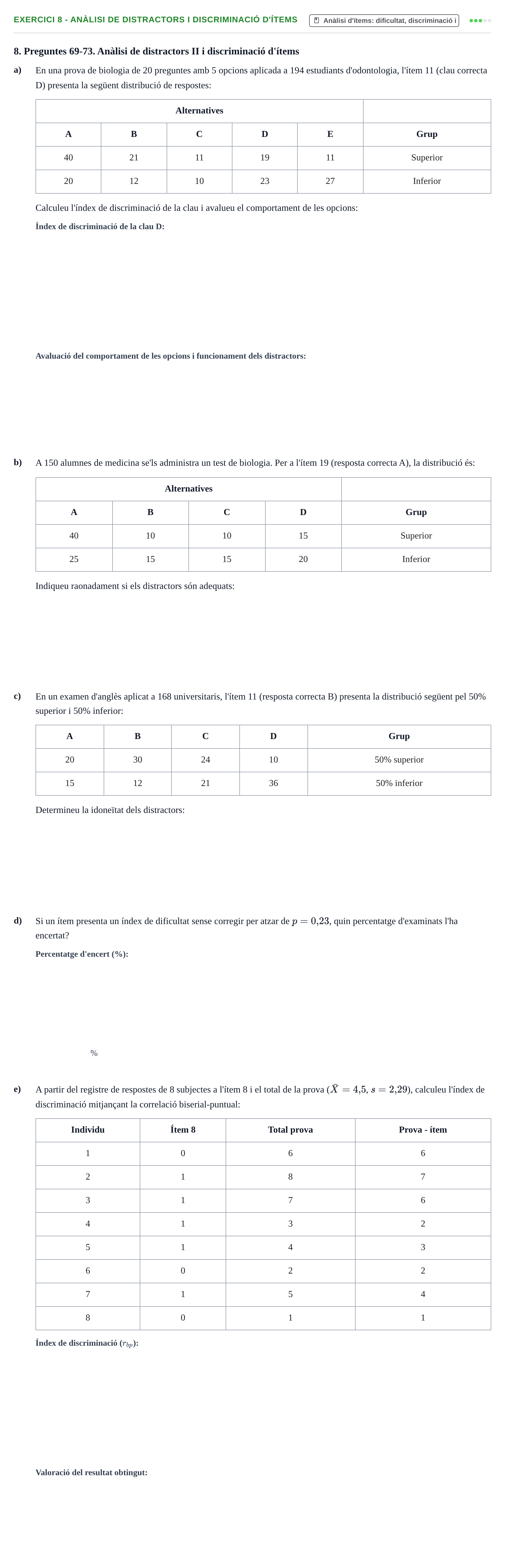 Enunciado: Ejercicio 8 - Anàlisi de distractors i discriminació d'ítems · Psicometría UB Exemples