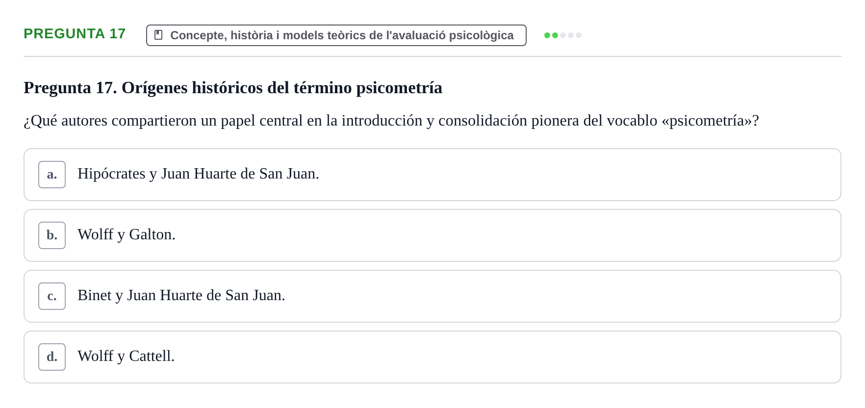 Enunciado: Pregunta 17 · Avaluació Psicològica UB Examen de Evaluación Psicológica