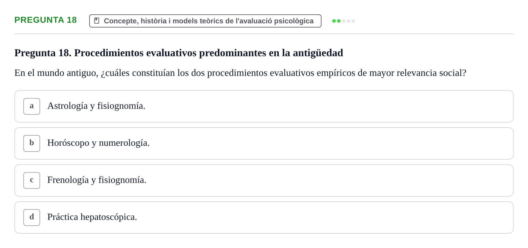 Enunciado: Pregunta 18 · Avaluació Psicològica UB Examen de Evaluación Psicológica