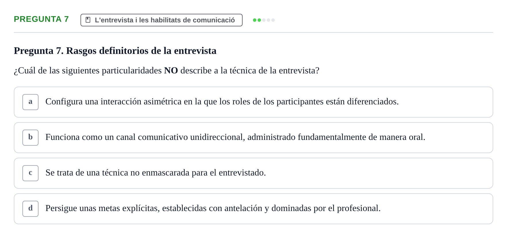 Enunciado: Pregunta 7 · Avaluació Psicològica UB Examen de Evaluación Psicológica