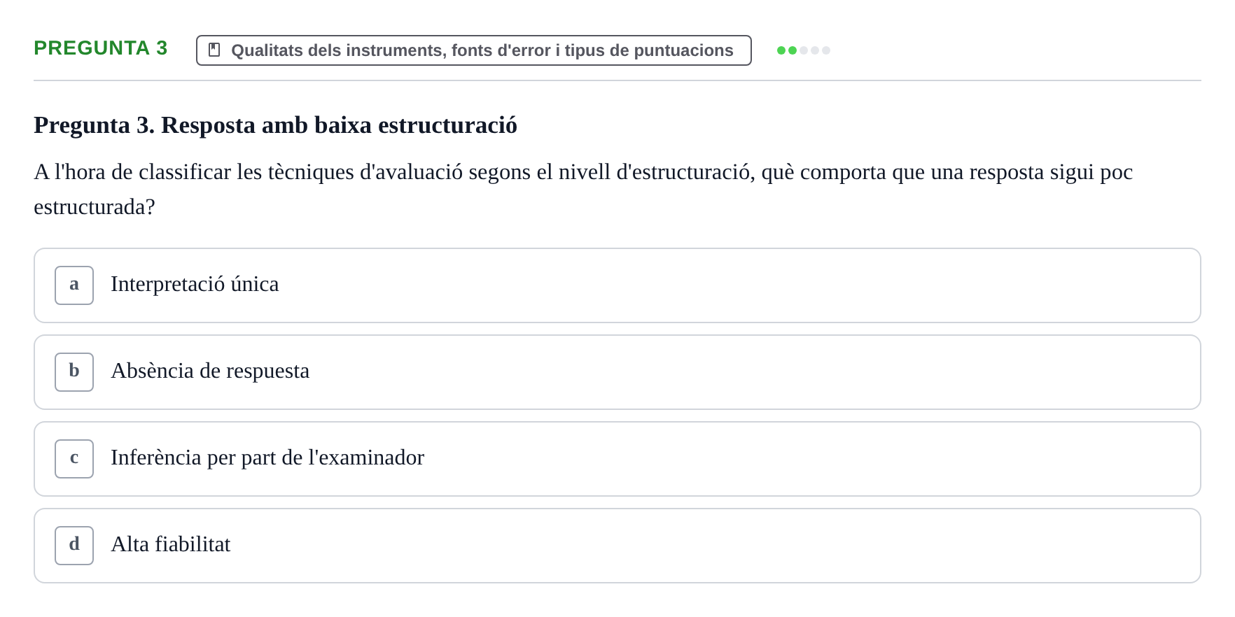 Enunciado: Pregunta 3 · Avaluació Psicològica UB Examen Parcial: Avaluació Psicològica (1r Parcial)