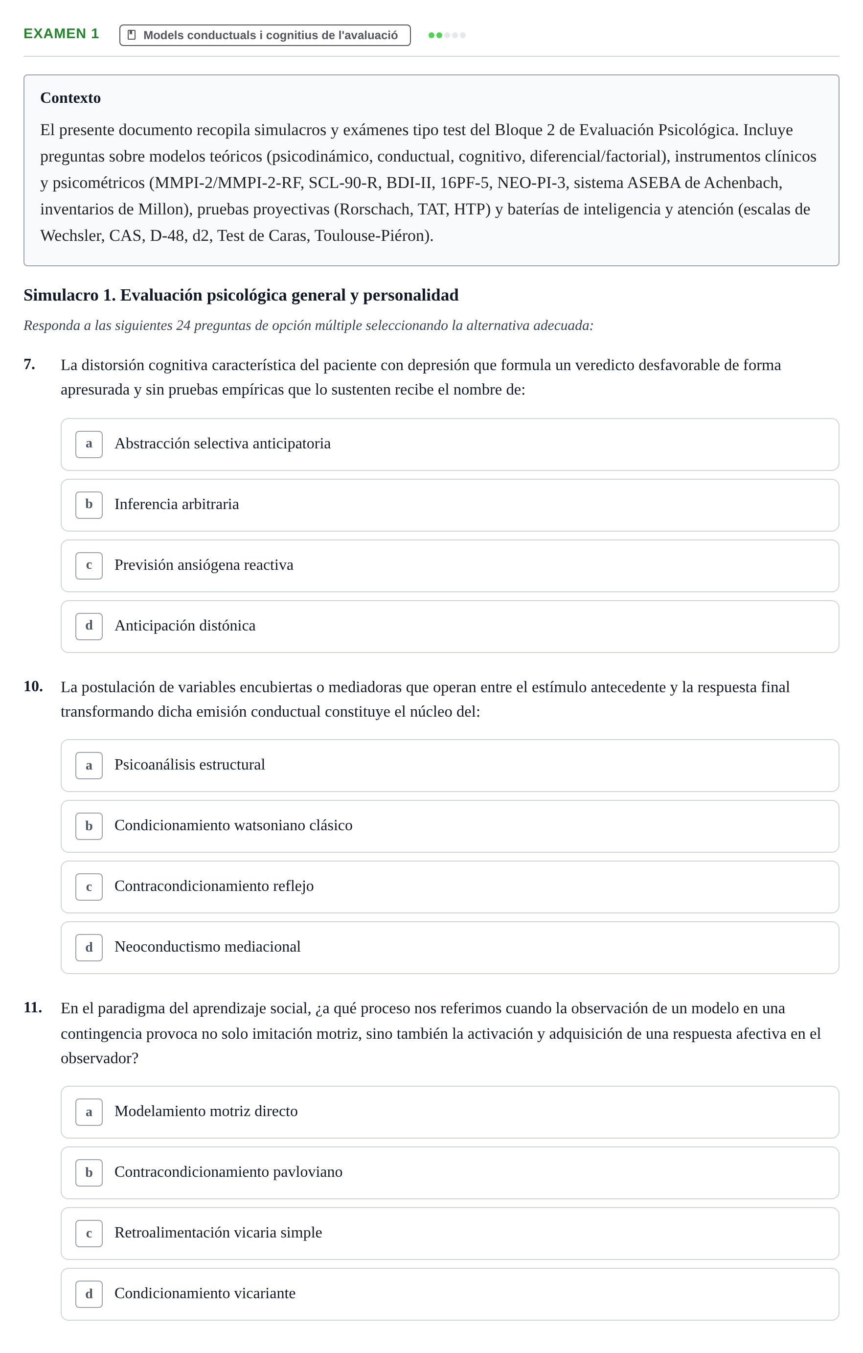 Enunciado: Ejercicio Examen 1 - Models conductuals i cognitius · Avaluació Psicològica UB Recopilación de exámenes y simulacros: Bloque 2