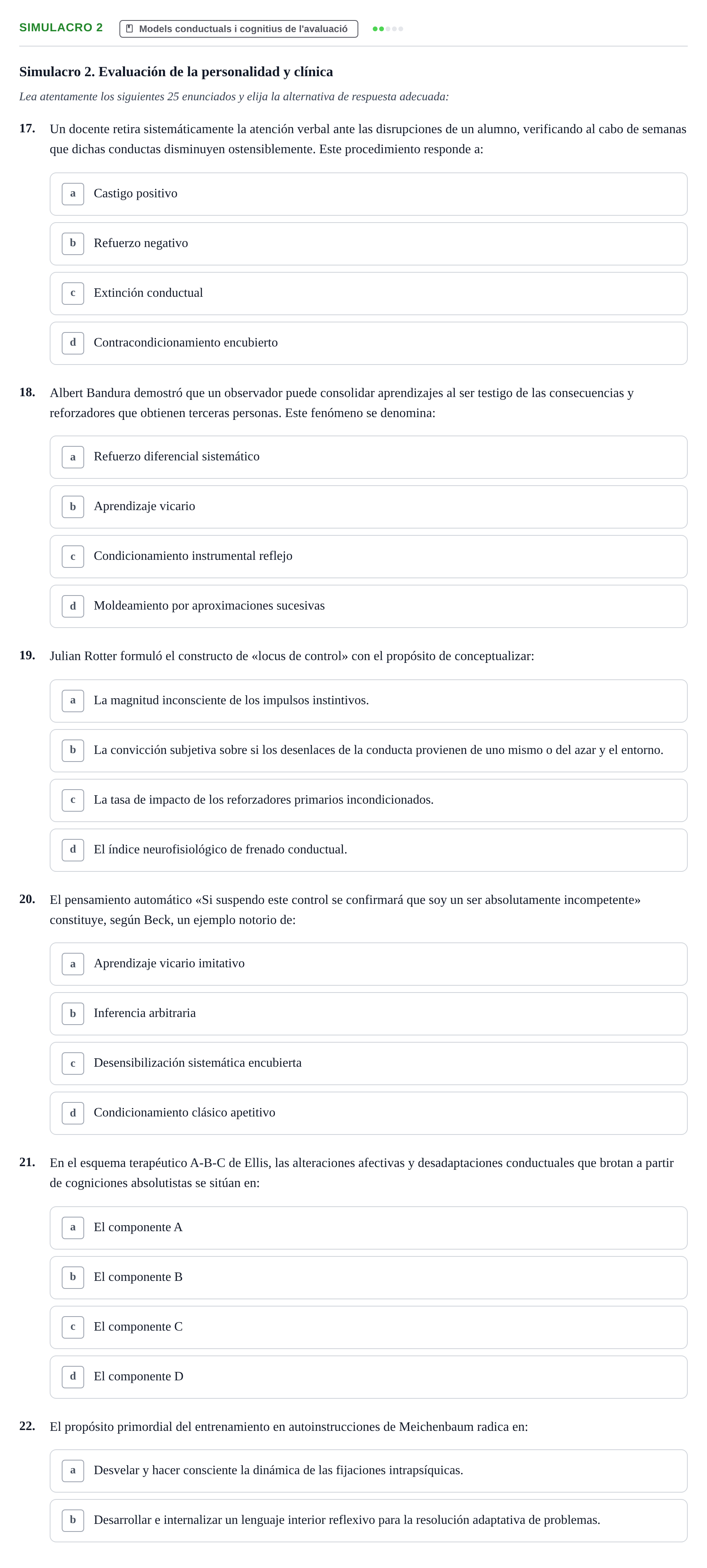 Enunciado: Ejercicio Simulacro 2 - Models conductuals i cognitius · Avaluació Psicològica UB Recopilación de exámenes y simulacros: Bloque 2