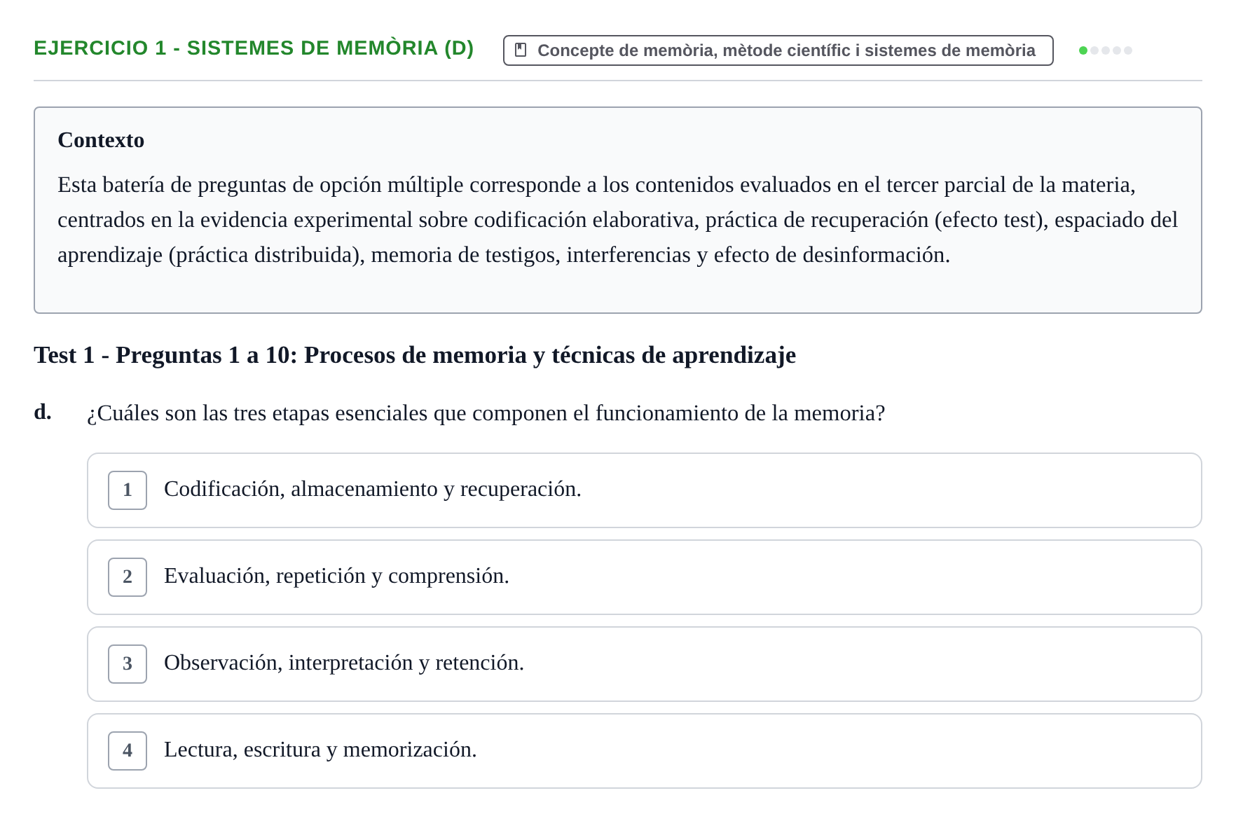 Enunciado: Ejercicio 1 - Sistemes de memòria (d) · Memoria I Representació UB Batería de Tests Parcial 3: Lecturas de Memoria y Representación