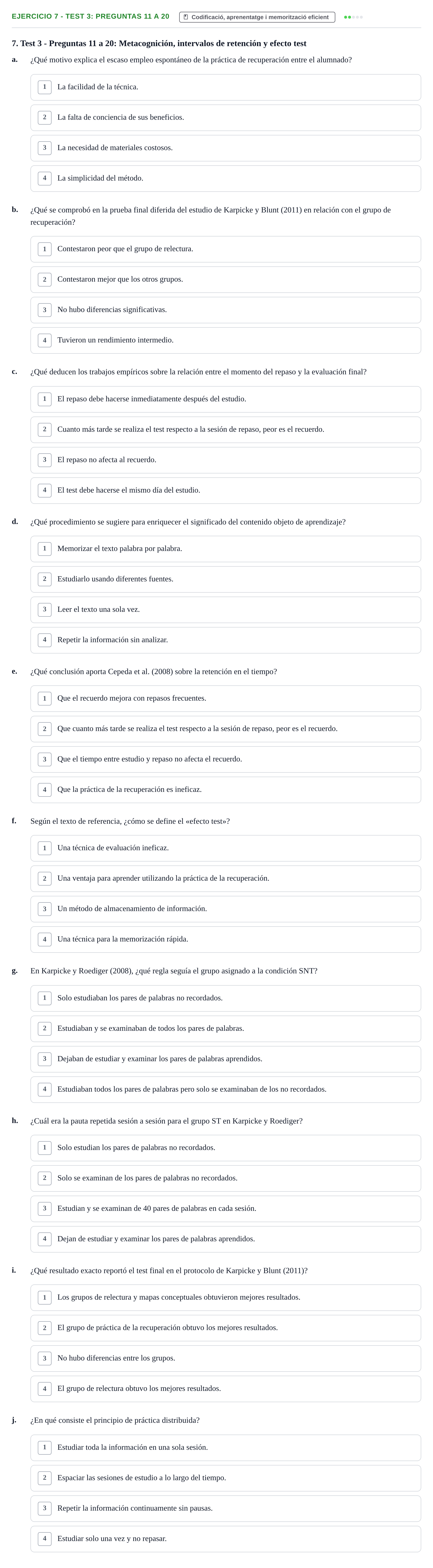 Enunciado: Ejercicio 7 - Test 3: Preguntas 11 a 20 · Memoria I Representació UB Batería de Tests Parcial 3: Lecturas de Memoria y Representación