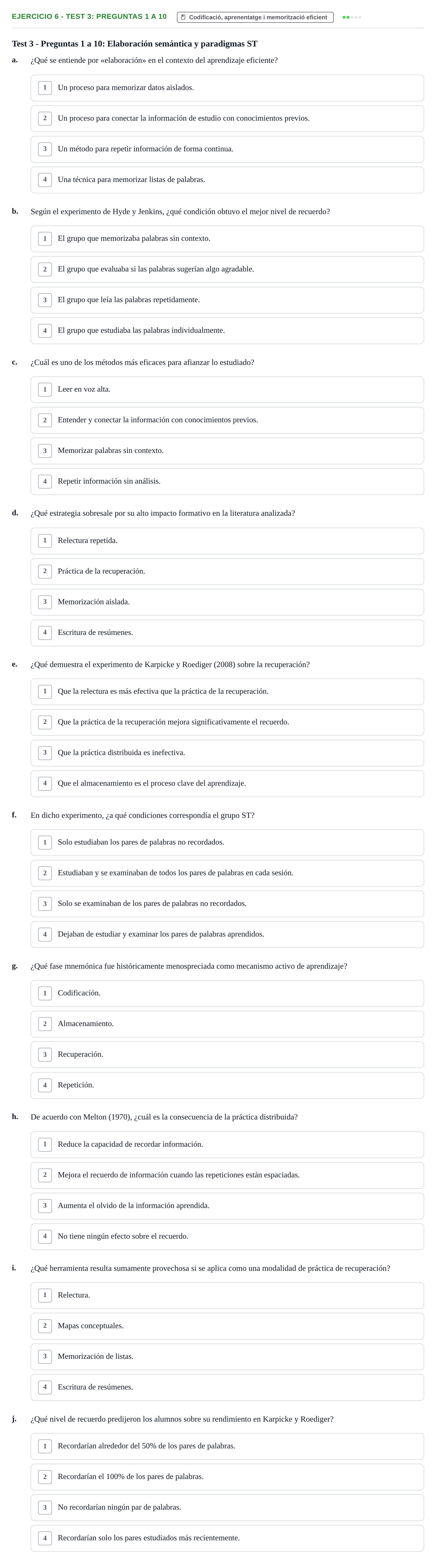Enunciado: Ejercicio 6 - Test 3: Preguntas 1 a 10 · Memoria I Representació UB Batería de Tests Parcial 3: Lecturas de Memoria y Representación