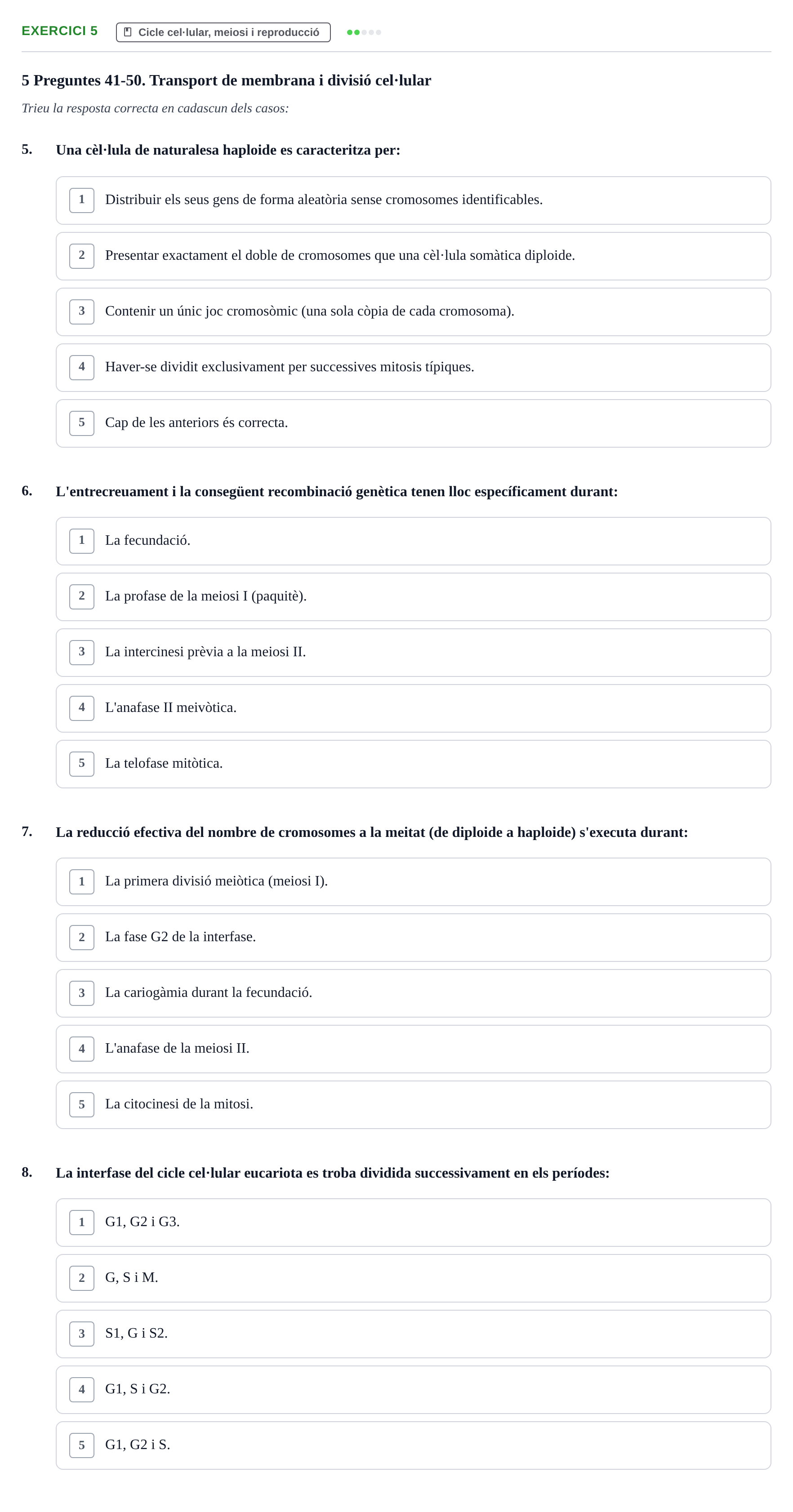 Enunciado: Ejercicio 5 - Cicle cel·lular, meiosi i reproducció · Biología UB 2025