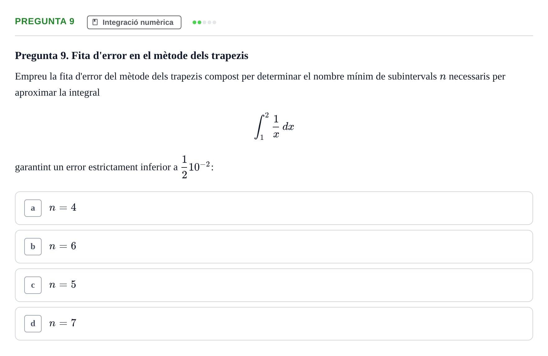 Enunciado: Pregunta 9 · Matemáticas II UB Juny 2020