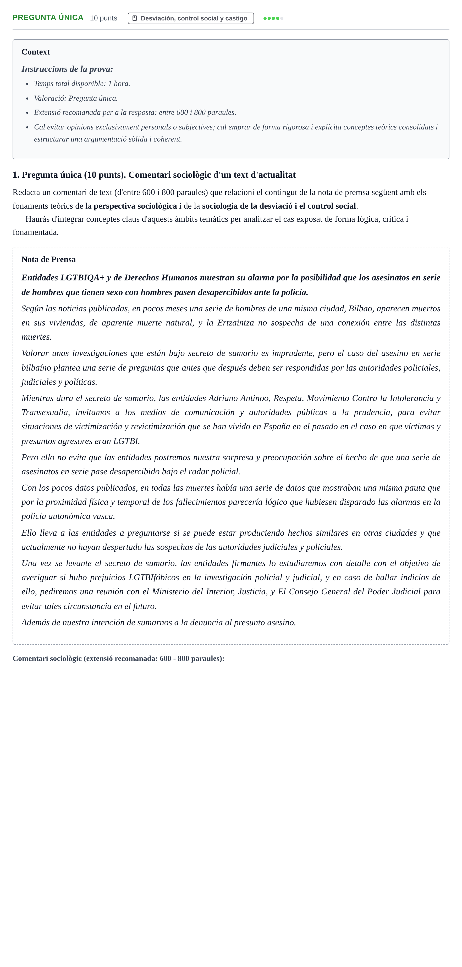 Enunciado: Pregunta única · Introducción a la Sociología UOC 2023