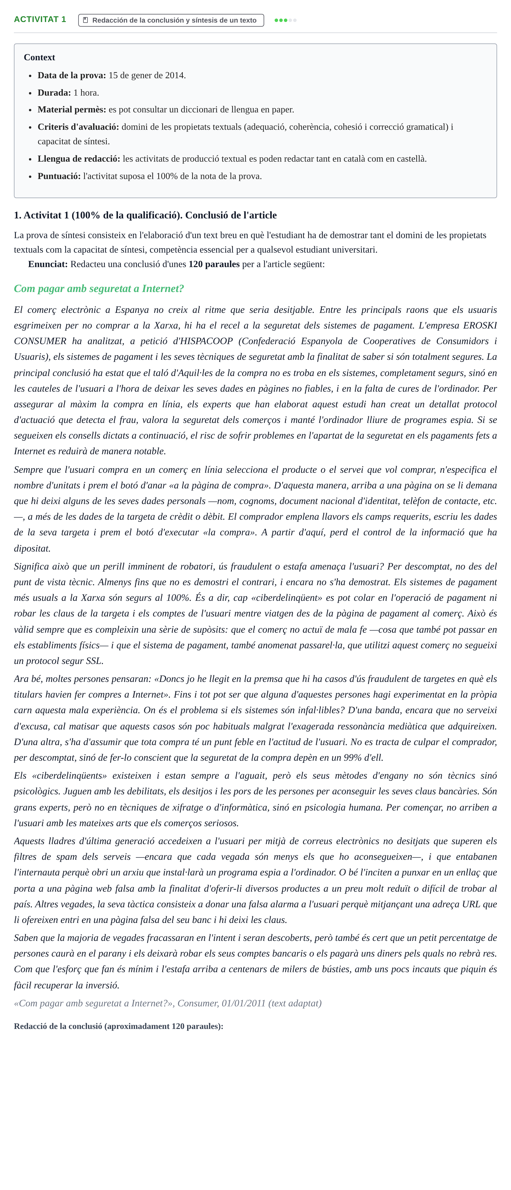 Enunciado: Ejercicio Activitat 1 · Competencia comunicativa para profesionales de las TIC UOC 2014