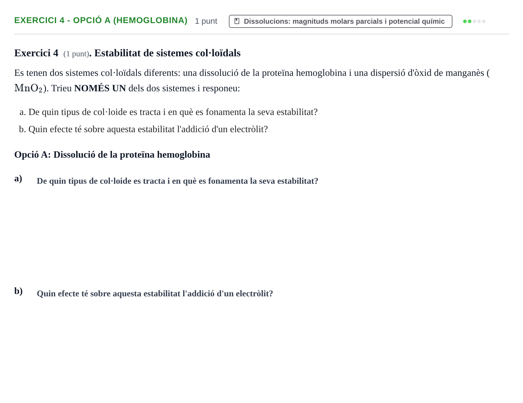 Enunciado: Exercici 4 - Opció A (Hemoglobina) · Química Física I UB 2025