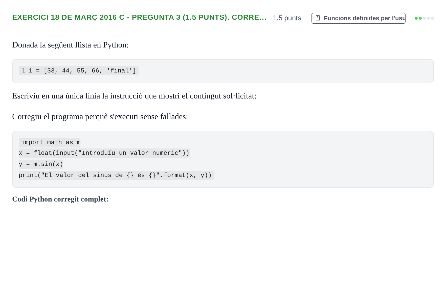 Enunciado: Ejercicio 18 de març 2016 C - Pregunta 3 (1.5 punts). Corre… · Recursos Informáticos UB 2016