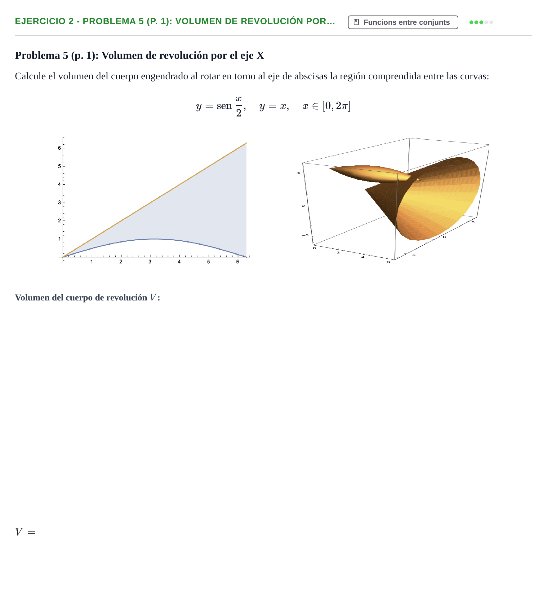 Enunciado: Ejercicio 2 - Problema 5 (p. 1): Volumen de revolución por… · Fonaments Matemàtics UPC Col·lecció d'Exàmens Resolts de Càlcul (Volum 3)