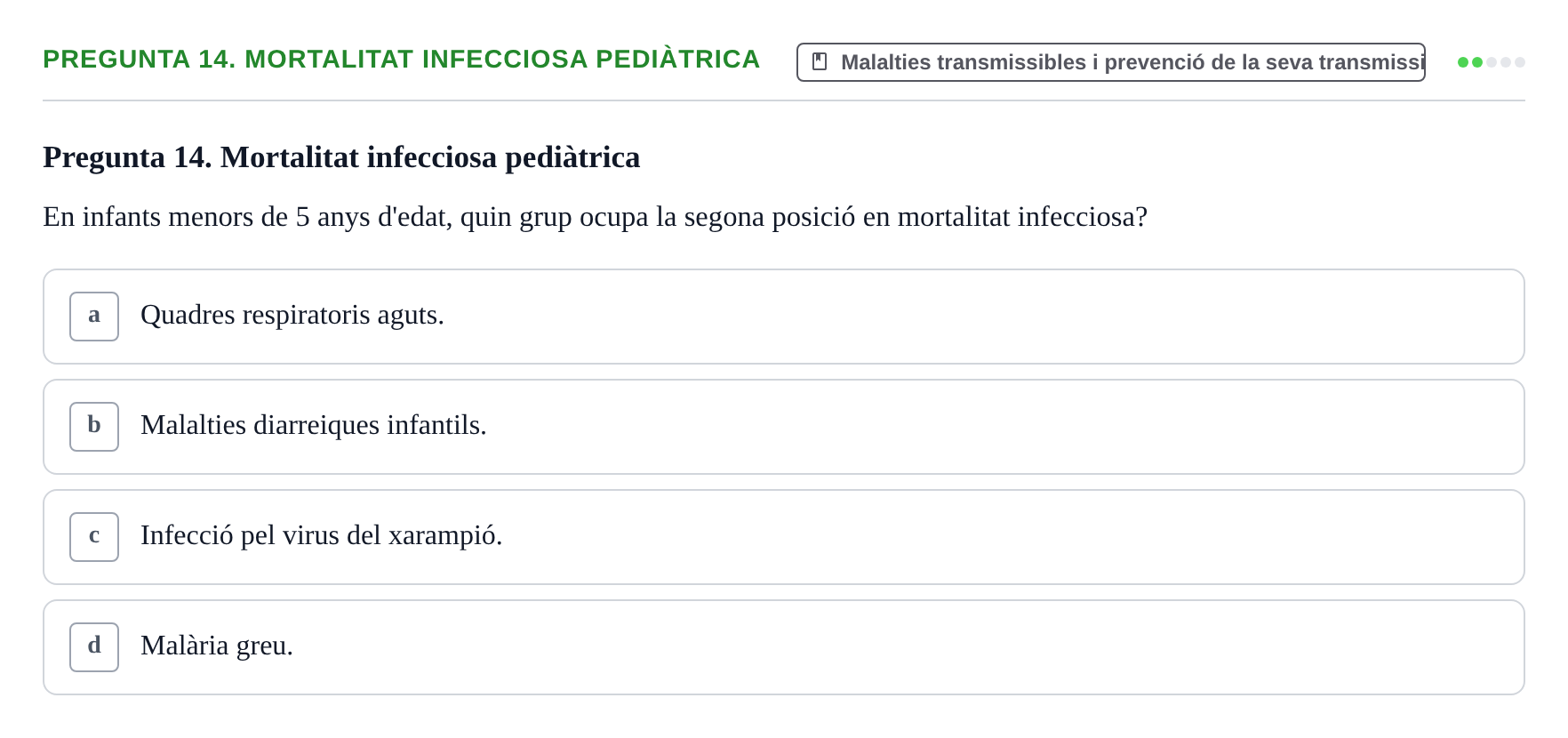Enunciado: Pregunta 14. Mortalitat infecciosa pediàtrica · Infermeria de salut pùblica i comunitària UB Examen Final de Salut Pública i Comunitària