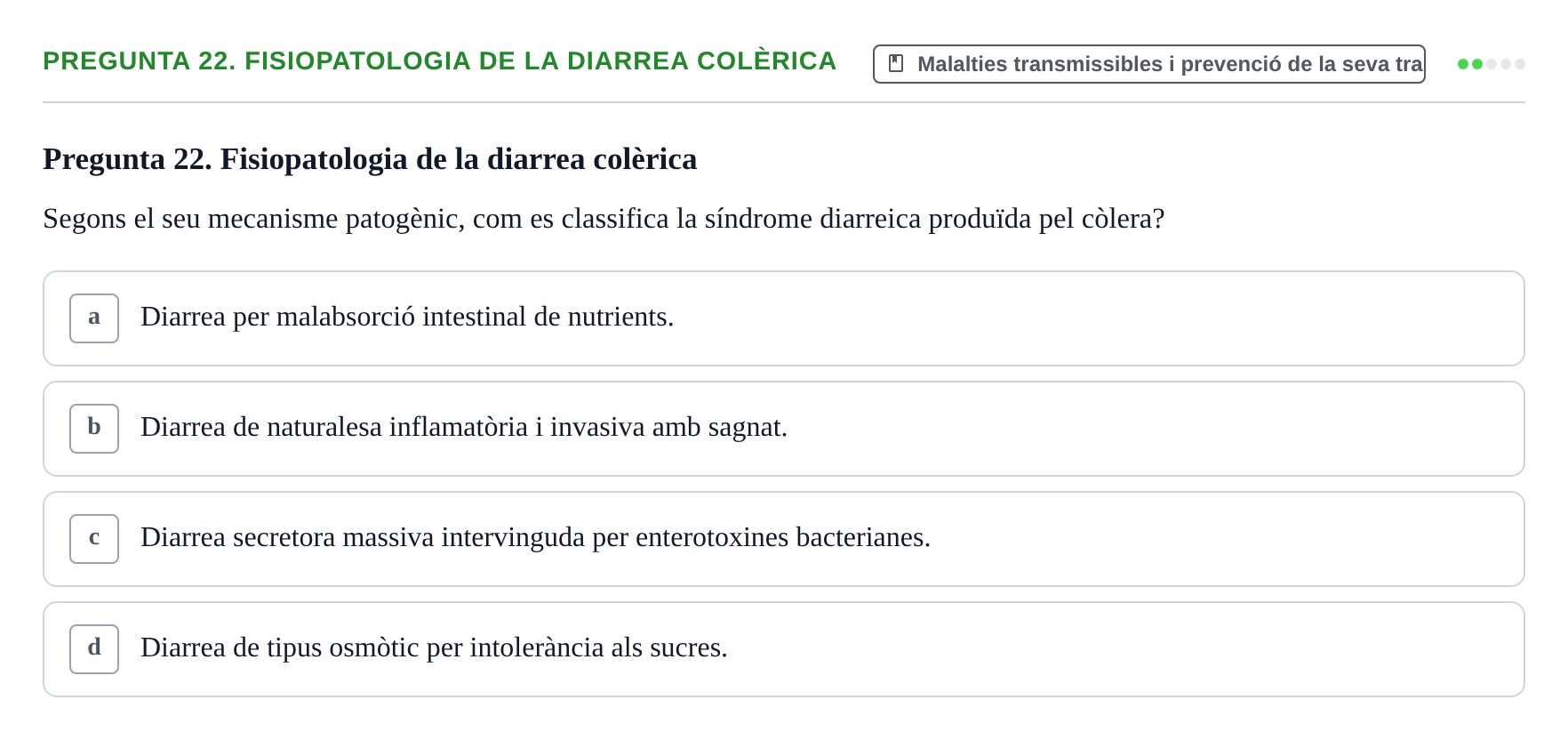 Enunciado: Pregunta 22. Fisiopatologia de la diarrea colèrica · Infermeria de salut pùblica i comunitària UB Examen Final de Salut Pública i Comunitària