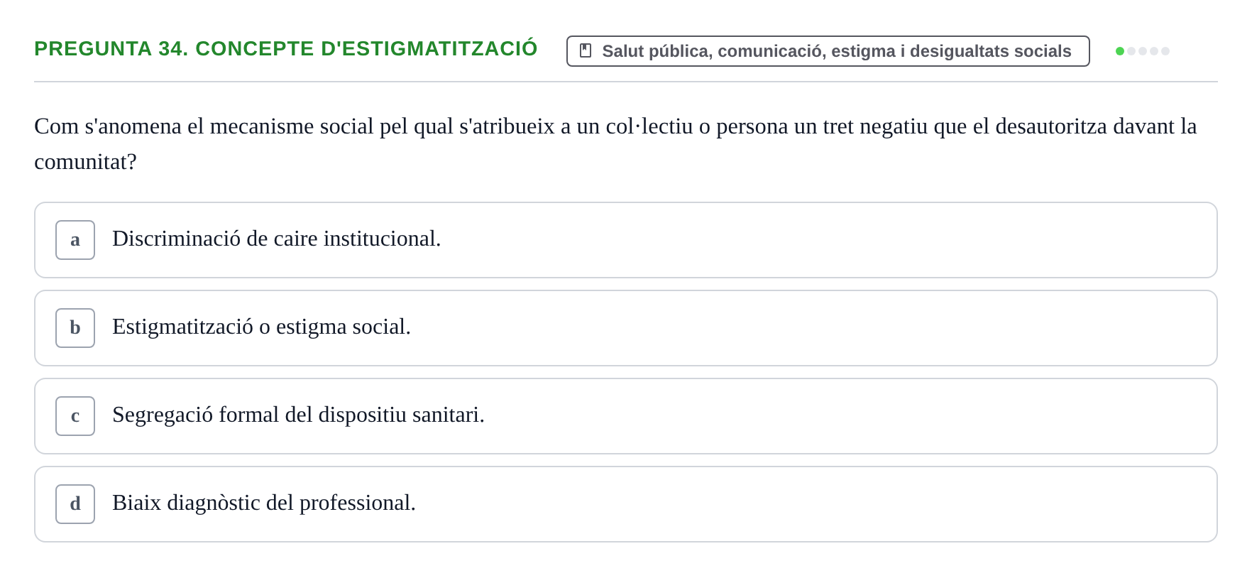 Enunciado: Pregunta 34. Concepte d'estigmatització · Infermeria de salut pùblica i comunitària UB Examen Final de Salut Pública i Comunitària