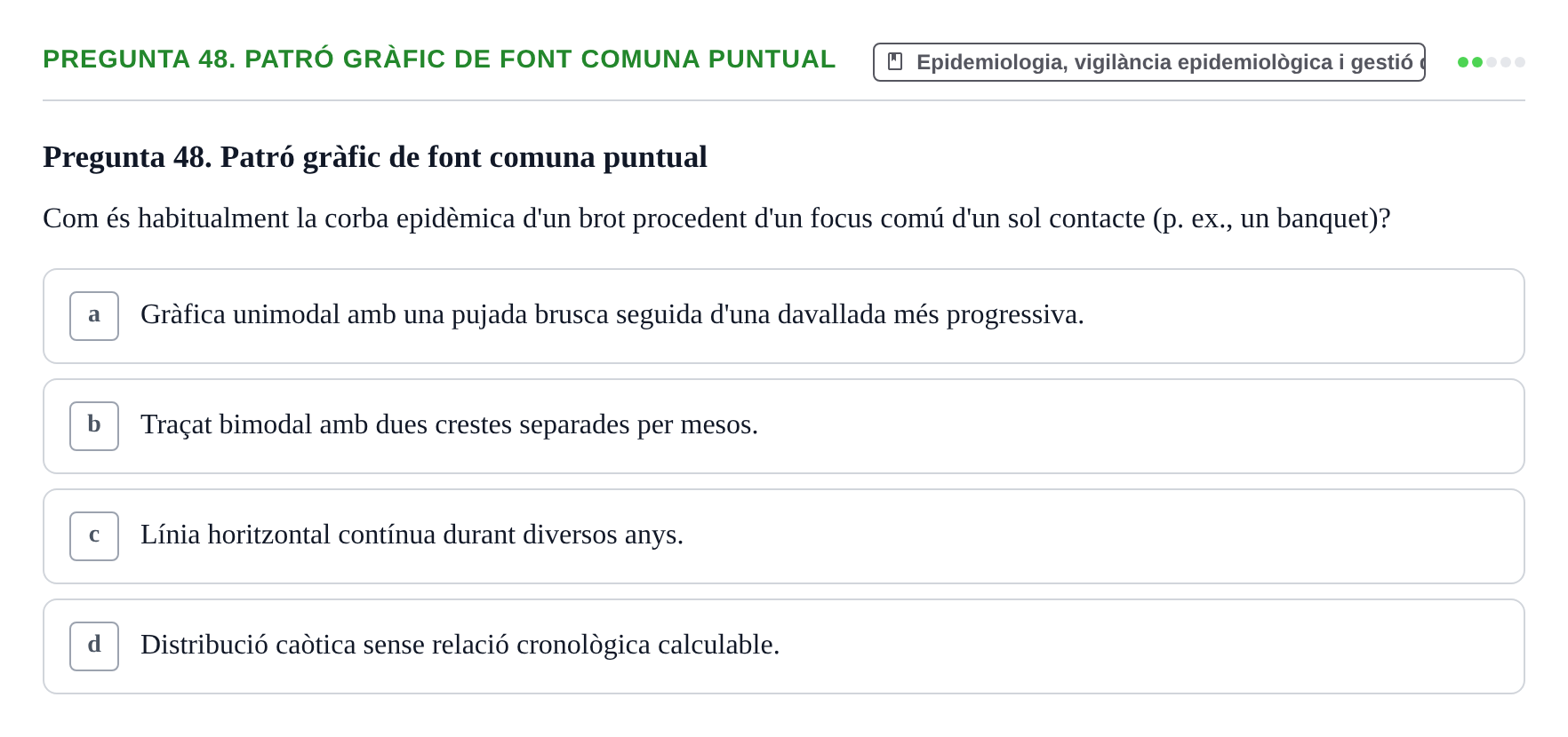 Enunciado: Pregunta 48. Patró gràfic de font comuna puntual · Infermeria de salut pùblica i comunitària UB Examen Final de Salut Pública i Comunitària