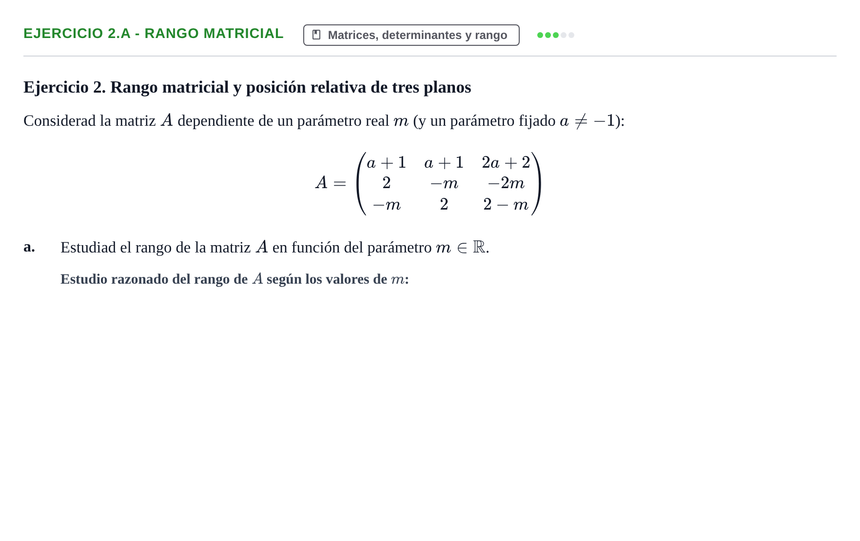 Enunciado: Ejercicio 2.a - Rango matricial · Álgebra UOC Juny 2021