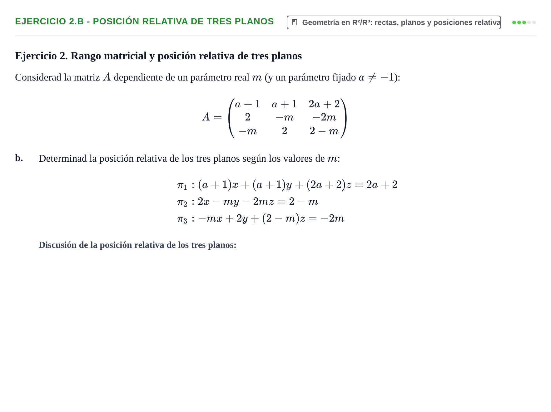 Enunciado: Ejercicio 2.b - Posición relativa de tres planos · Álgebra UOC Juny 2021