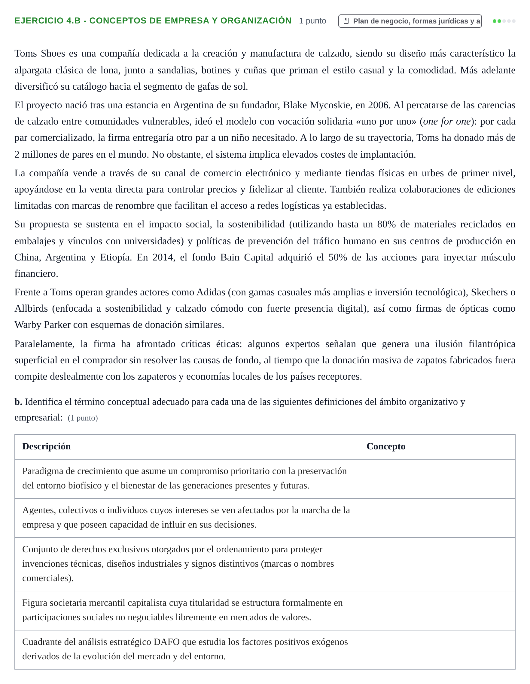 Enunciado: Ejercicio 4.b - Conceptos de empresa y organización · Administración y gestión de organizaciones UOC 2025