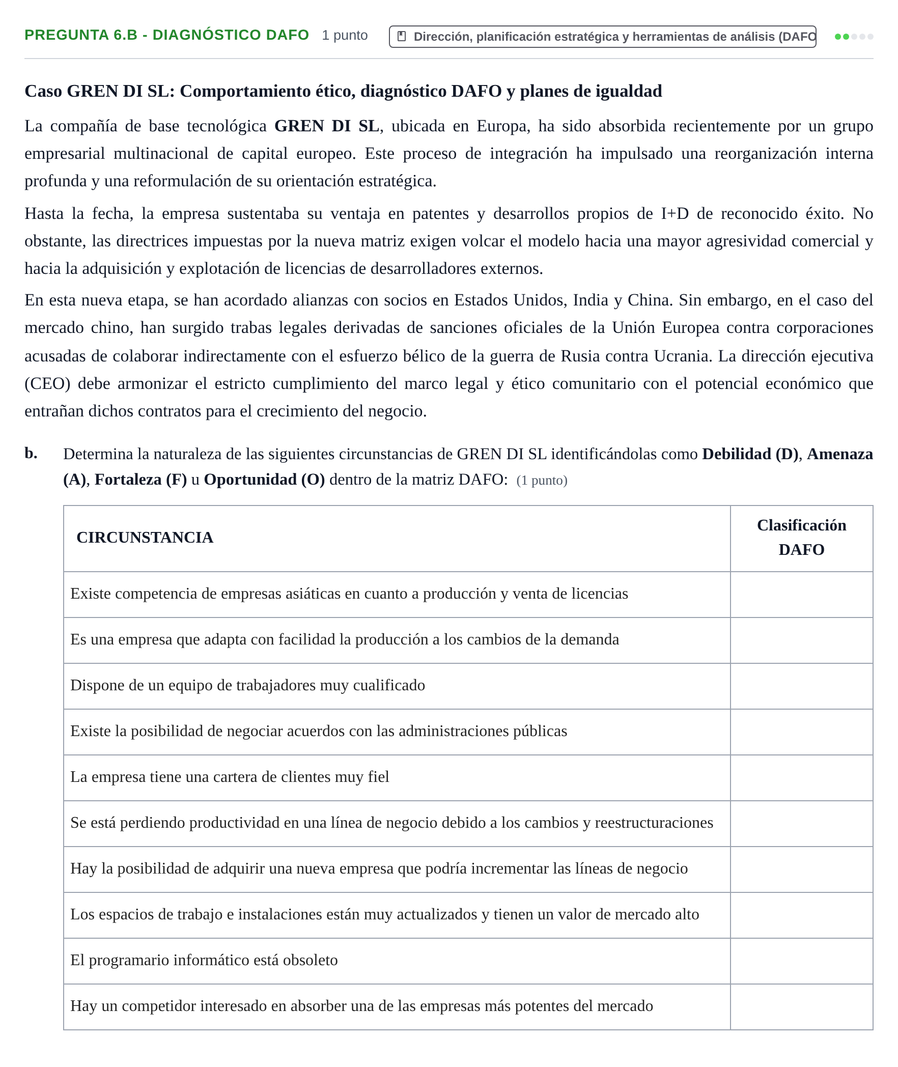 Enunciado: Pregunta 6.b - Diagnóstico DAFO · Administración y gestión de organizaciones UOC 2026