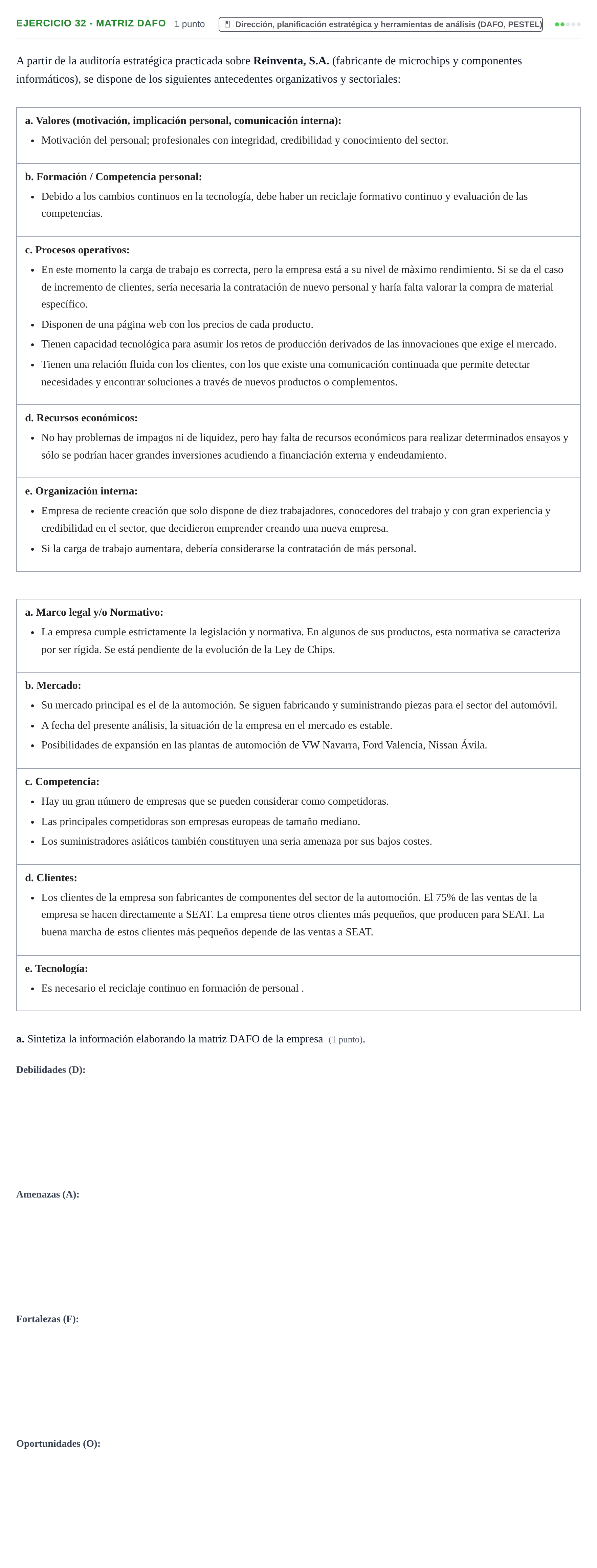 Enunciado: Ejercicio 32 - Matriz DAFO · Administración y gestión de organizaciones UOC 2023