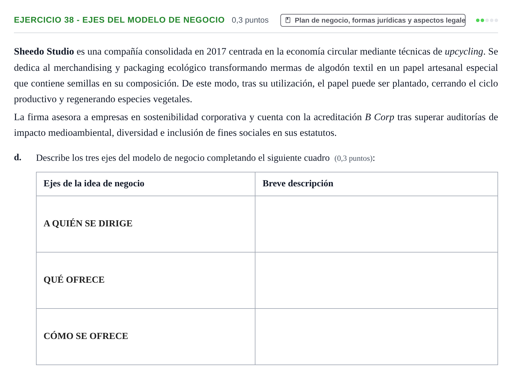 Enunciado: Ejercicio 38 - Ejes del modelo de negocio · Administración y gestión de organizaciones UOC 2023