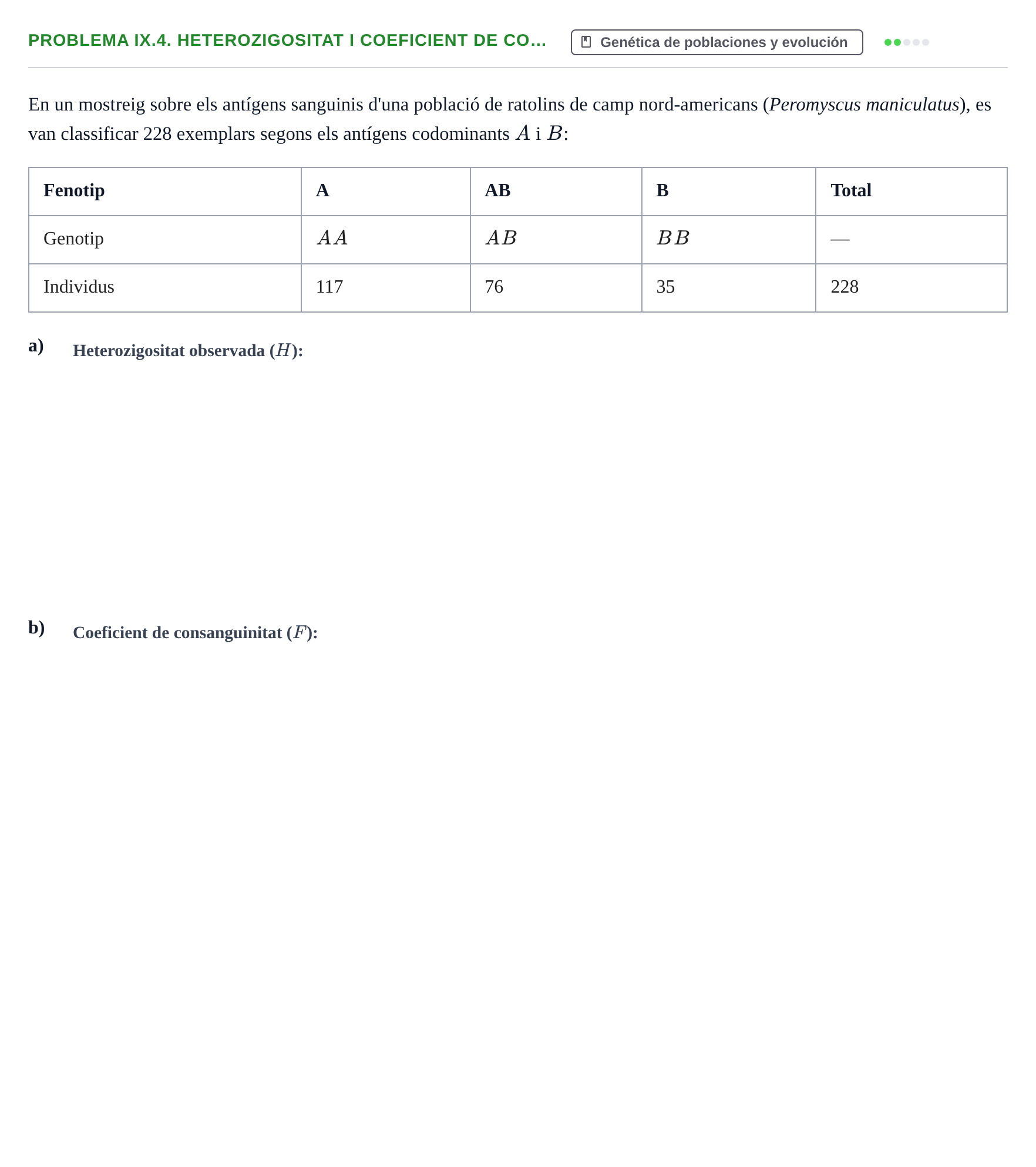 Enunciado: Problema IX.4. Heterozigositat i coeficient de co…