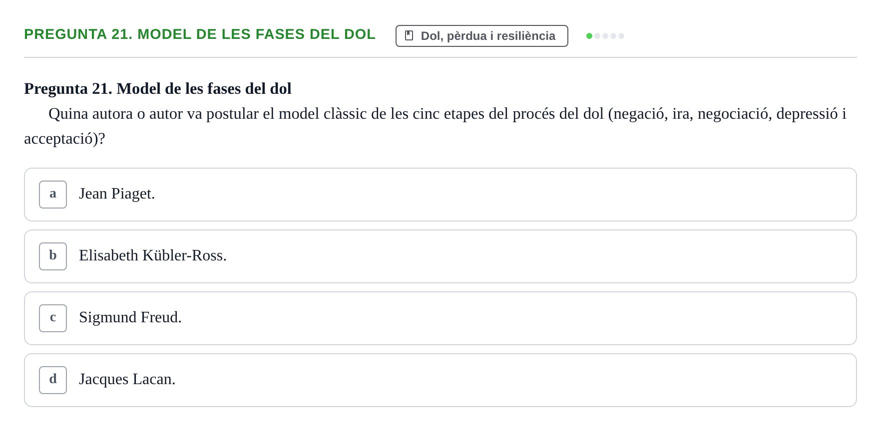 Enunciado: Pregunta 21. Model de les fases del dol · Ciències psicosocials aplicades UAB Examen Final de Ciències Psicosocials Aplicades