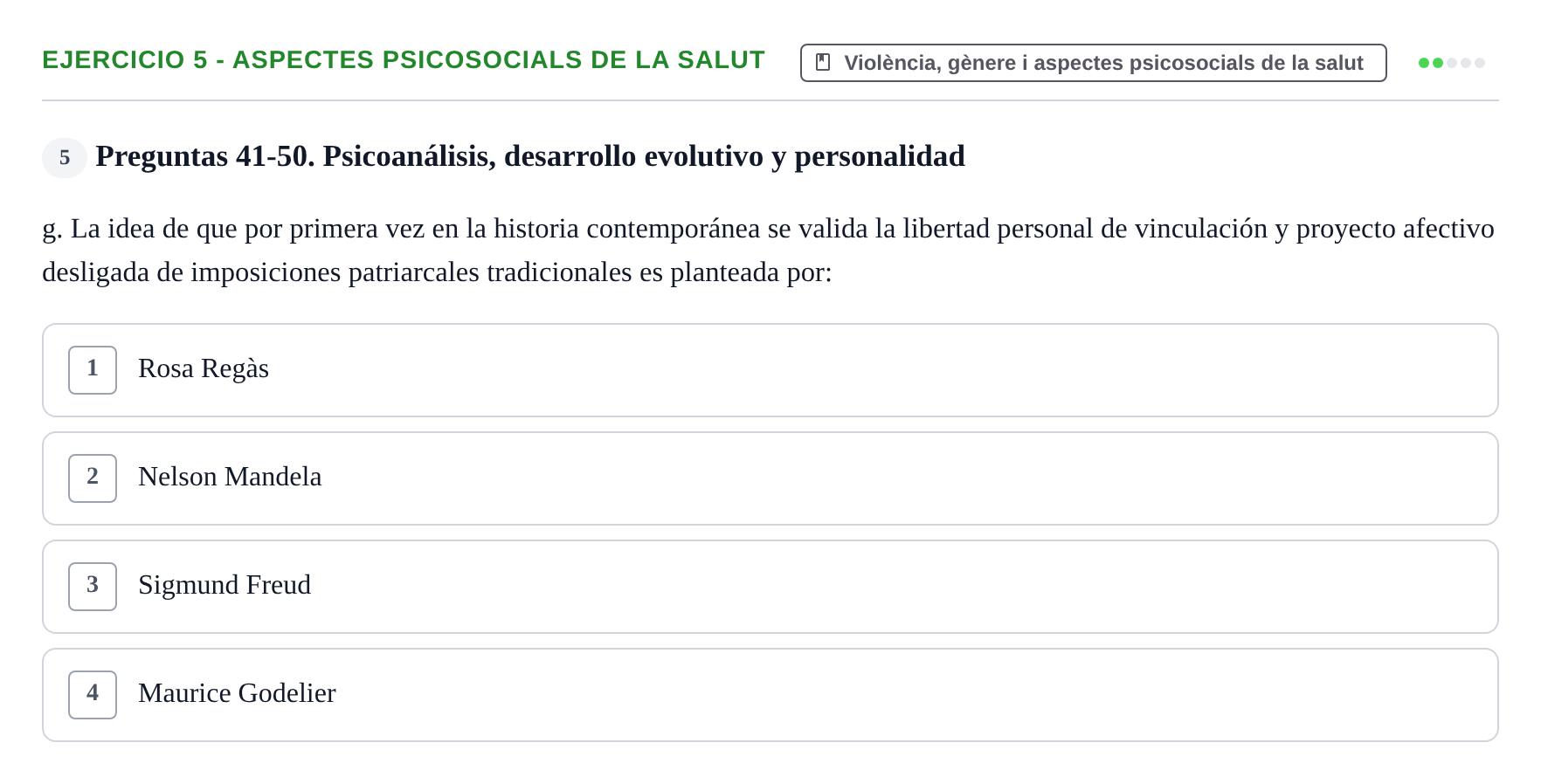 Enunciado: Ejercicio 5 - Aspectes psicosocials de la salut · Ciències psicosocials aplicades UAB Recopilatorio de examen: Ciencias Psicosociales Aplicadas (Psicología y Psiquiatría)
