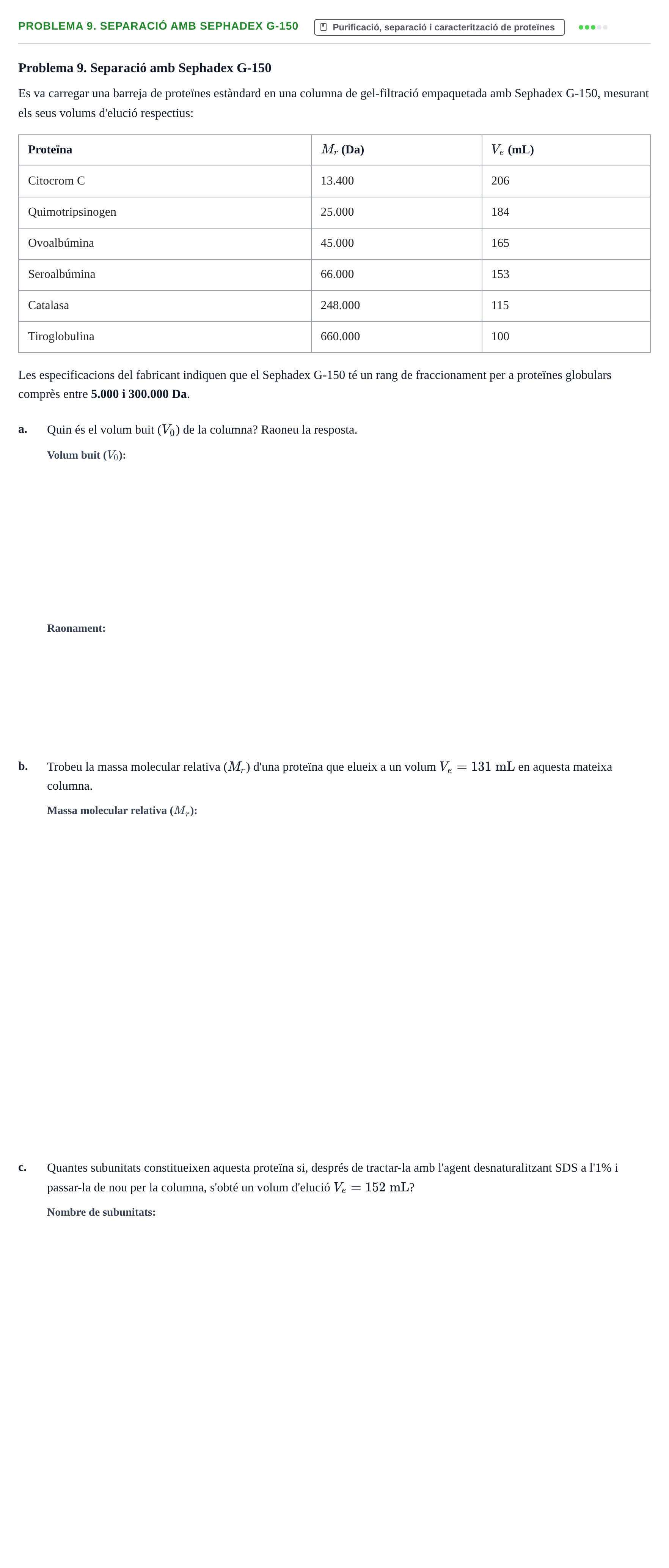 Enunciado: Problema 9. Separació amb Sephadex G-150