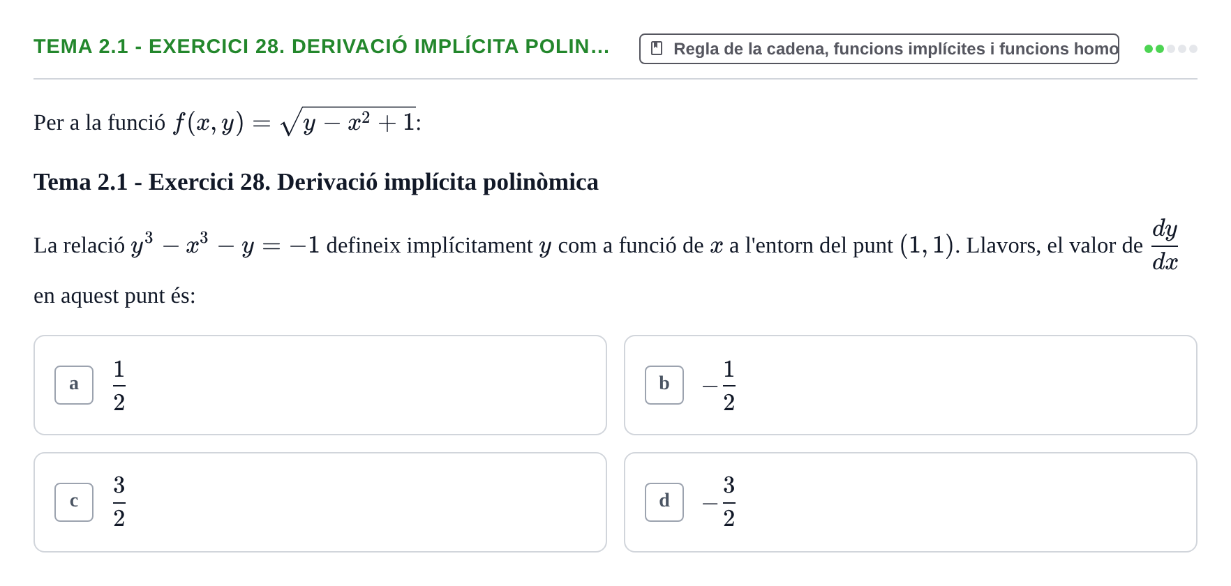 Enunciado: Tema 2.1 - Exercici 28. Derivació implícita polin…