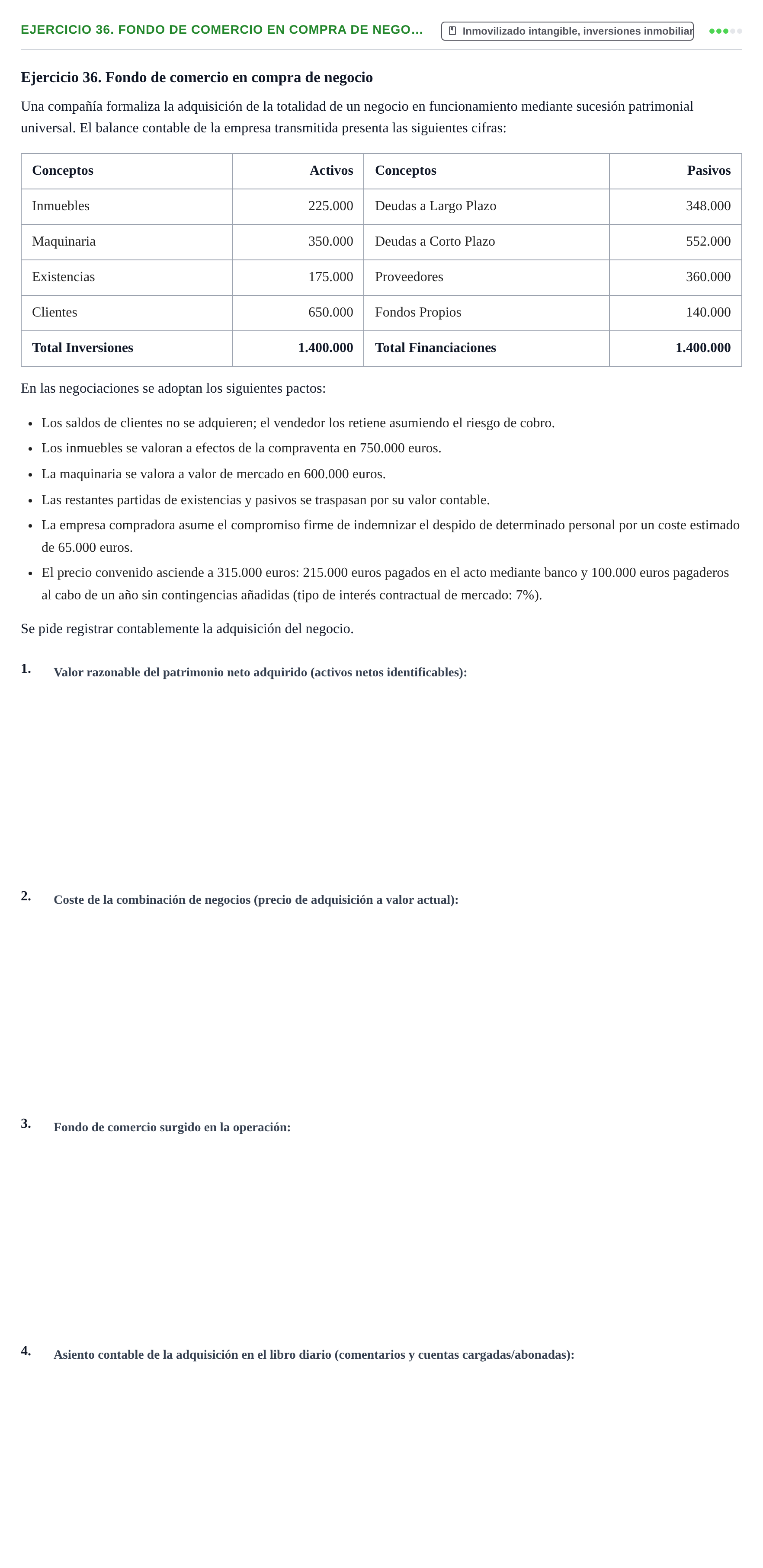 Enunciado: Ejercicio 36. Fondo de comercio en compra de nego…