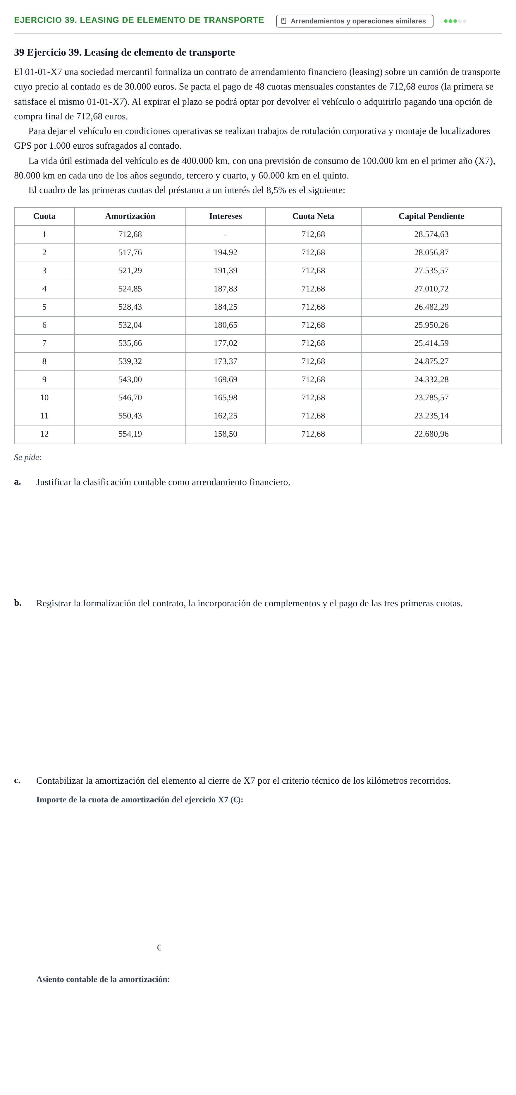Enunciado: Ejercicio 39. Leasing de elemento de transporte