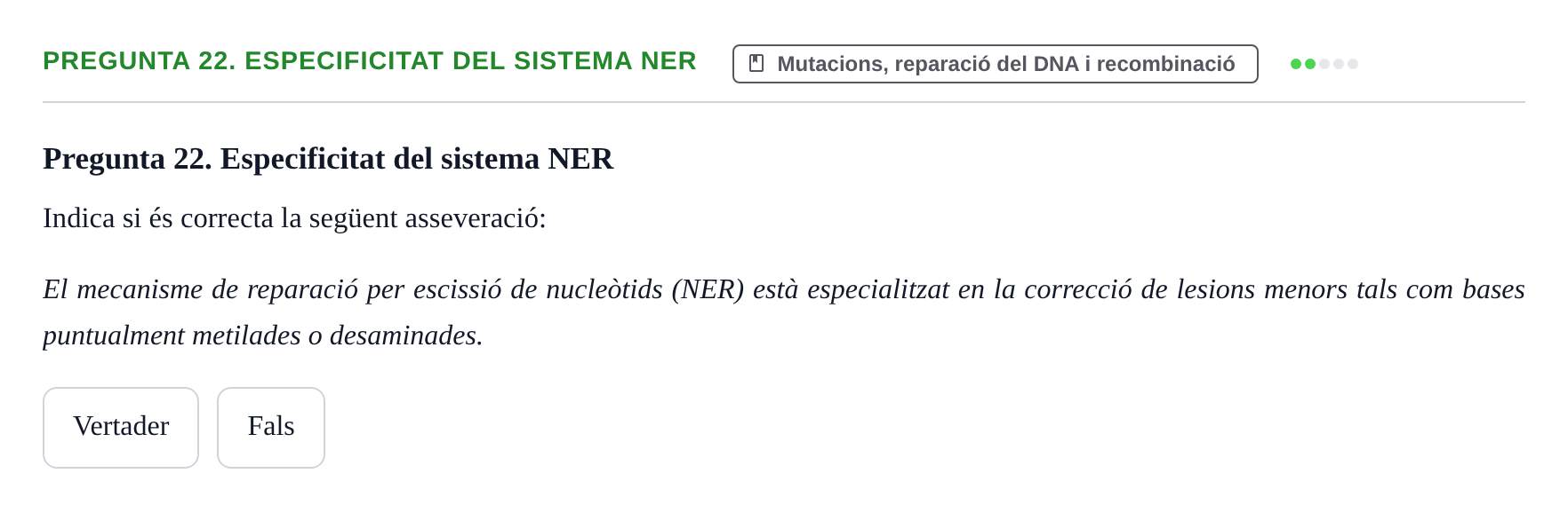 Enunciado: Pregunta 22. Especificitat del sistema NER