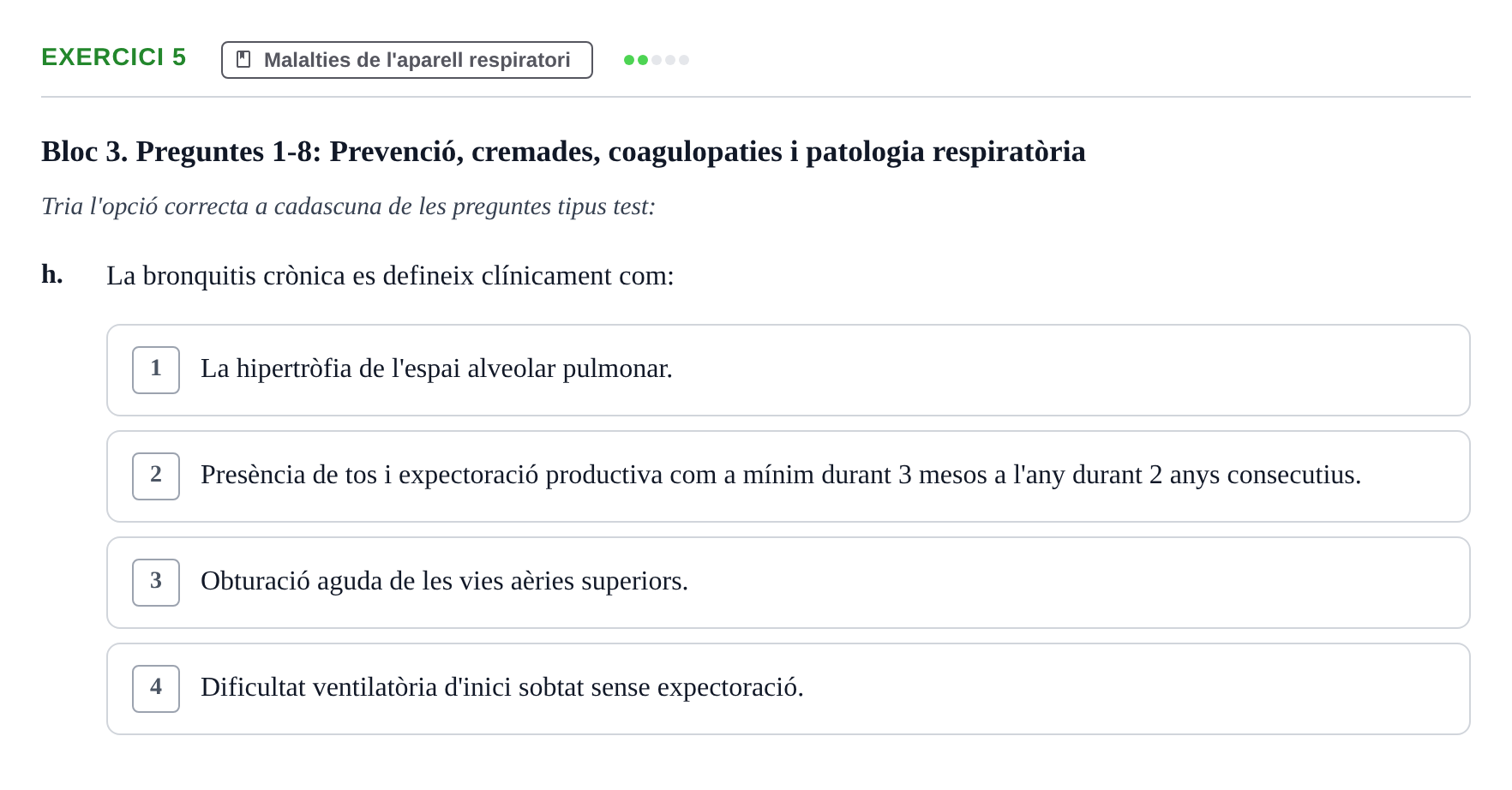 Enunciado: Ejercicio 5 - Malalties de l'aparell respiratori · Infermeria clínica I UB Banc d'avaluació d'Infermeria Clínica: Cures cardiorespiratòries, hematològiques i generals