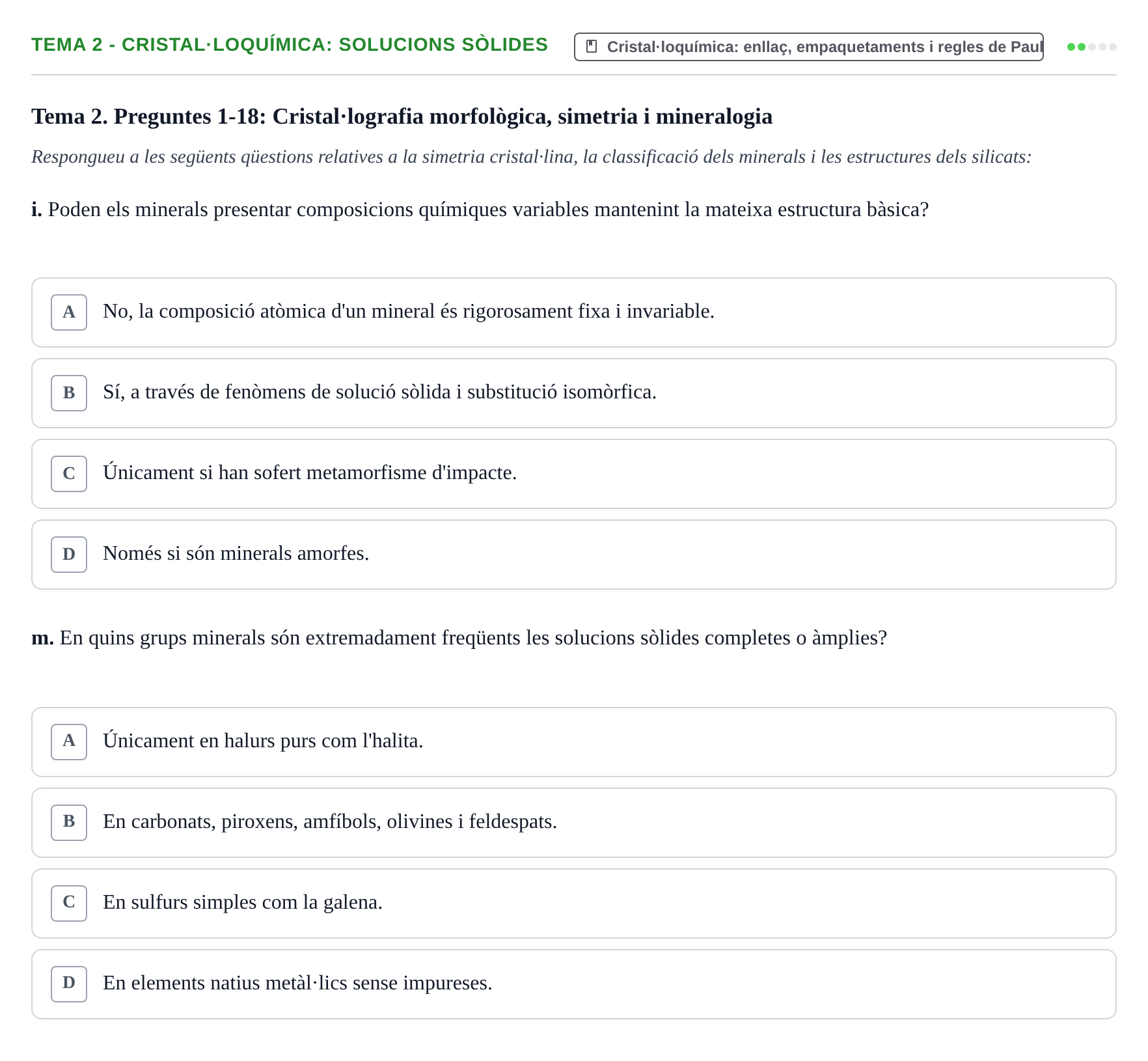 Enunciado: Tema 2 - Cristal·loquímica: solucions sòlides