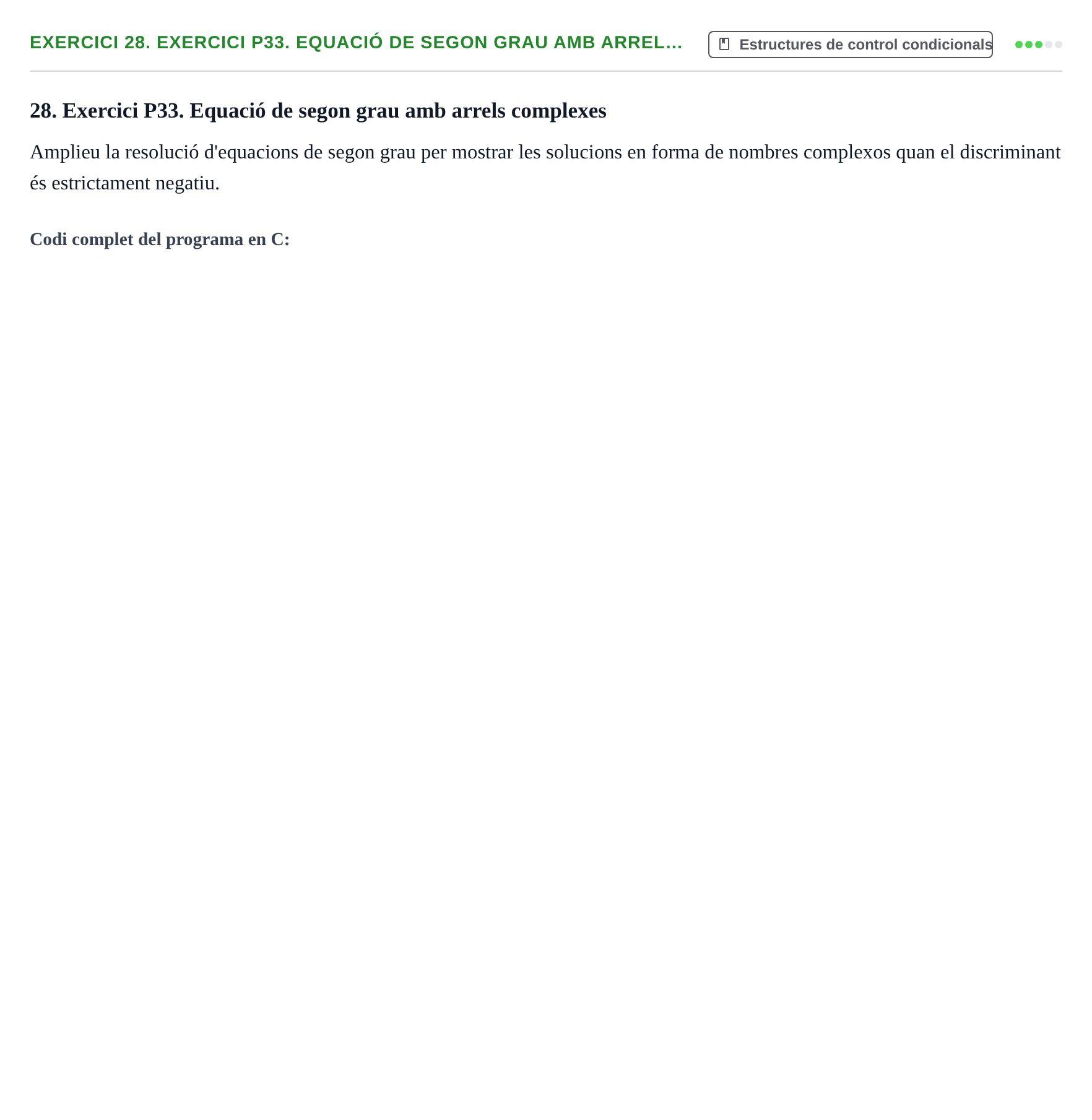 Enunciado: 28. Exercici P33. Equació de segon grau amb arrel…