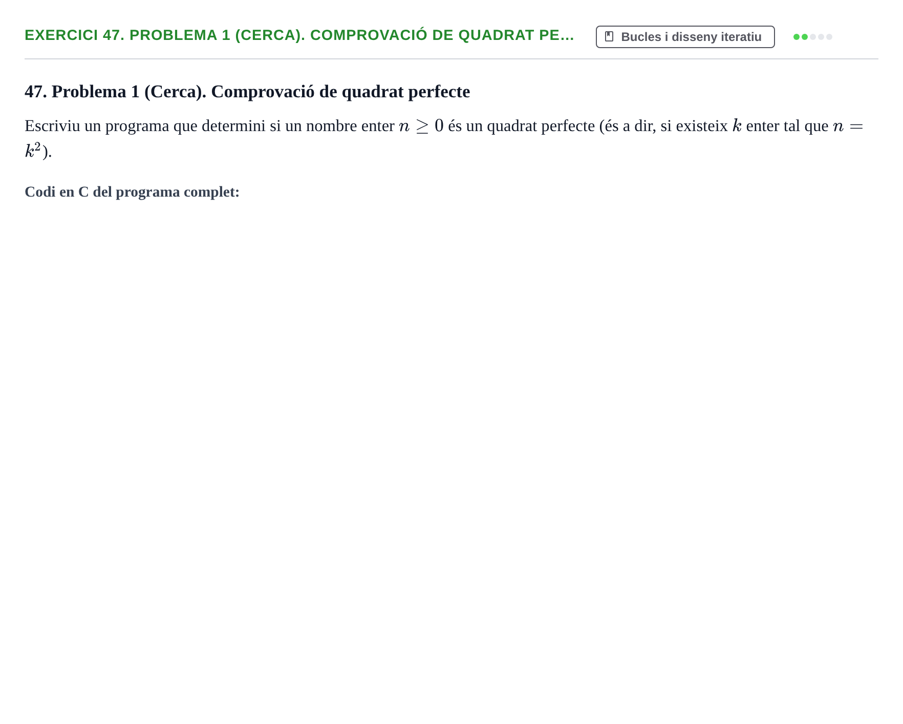 Enunciado: 47. Problema 1 (Cerca). Comprovació de quadrat pe…