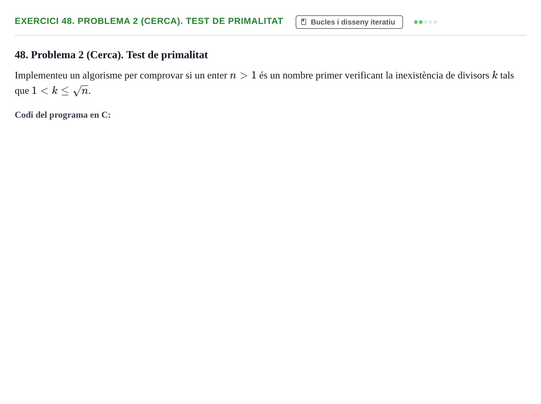 Enunciado: 48. Problema 2 (Cerca). Test de primalitat