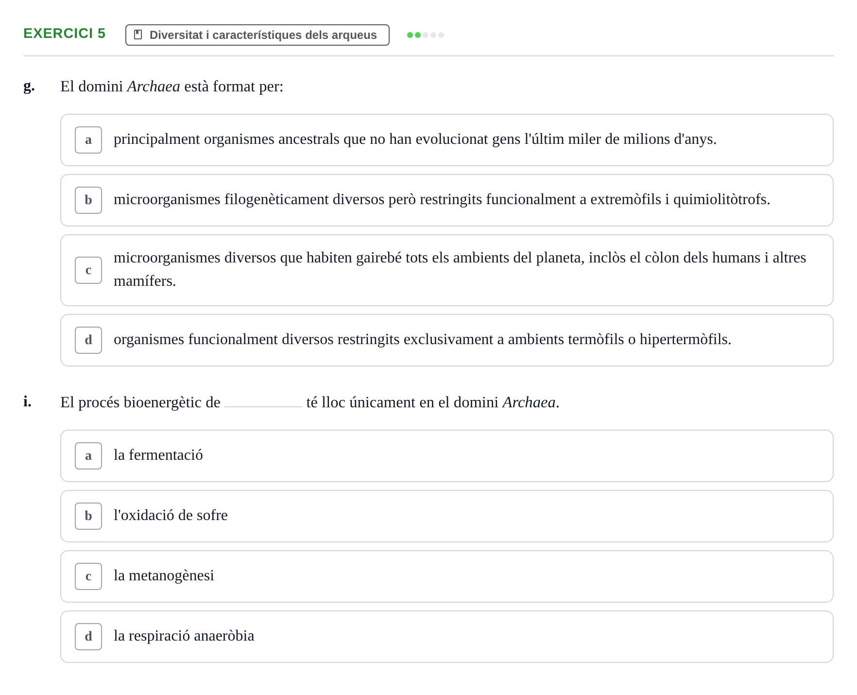 Enunciado: 5 - Diversitat i característiques dels arqueus