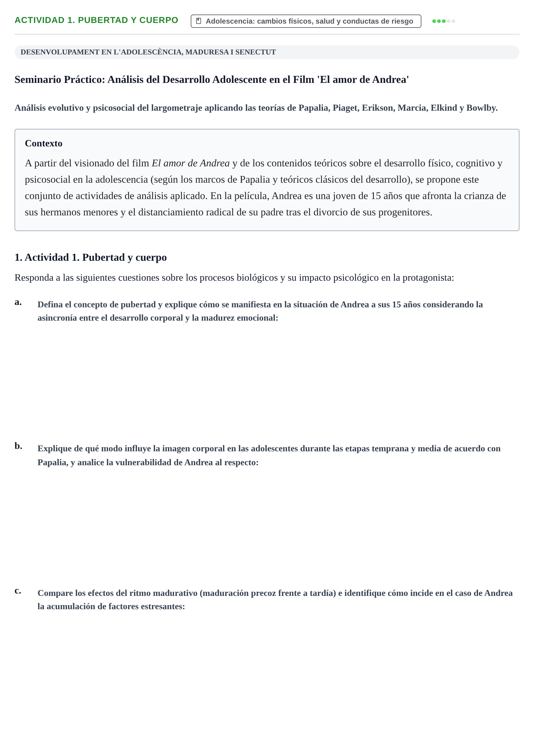 Enunciado: Actividad 1. Pubertad y cuerpo