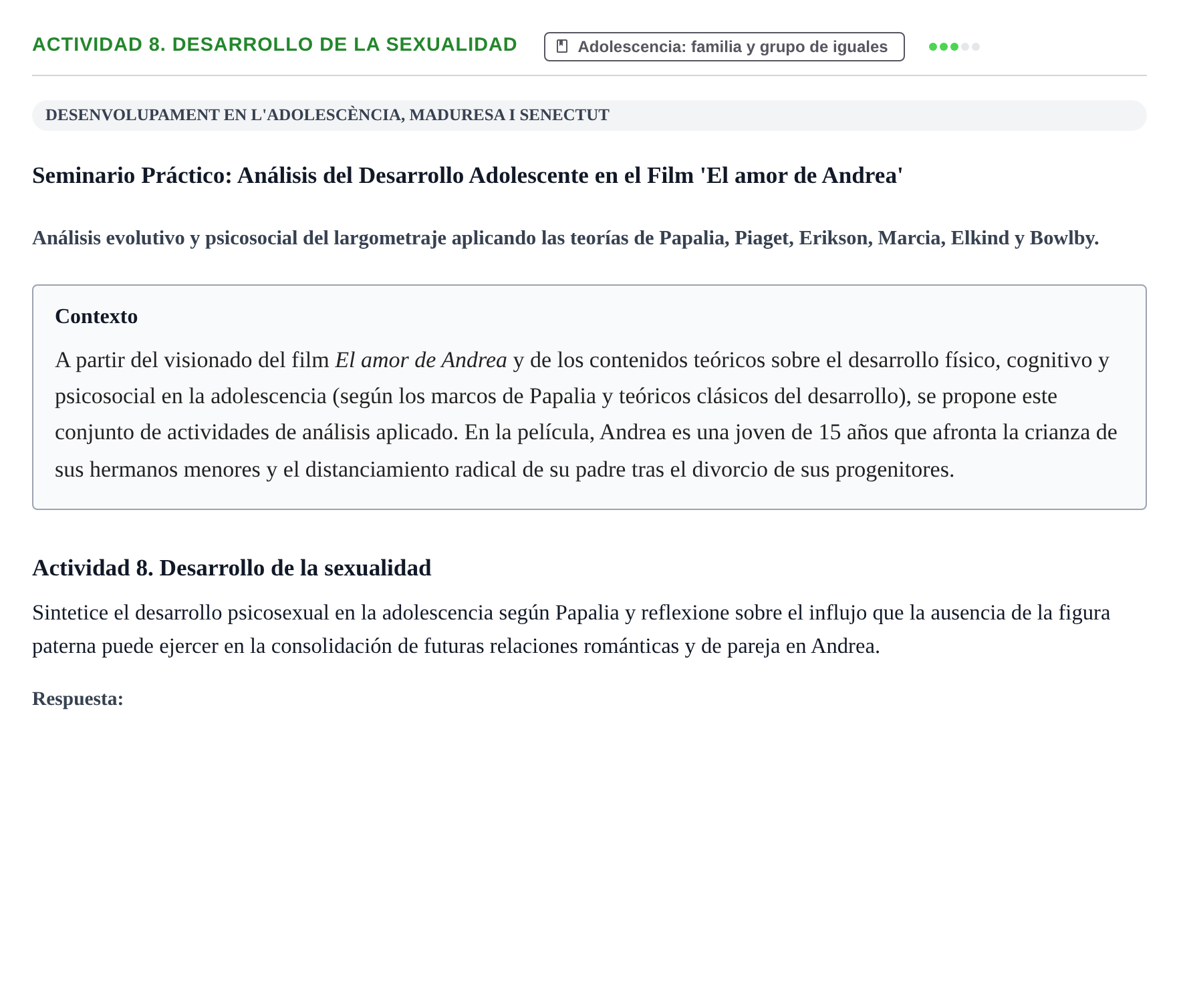 Enunciado: Actividad 8. Desarrollo de la sexualidad