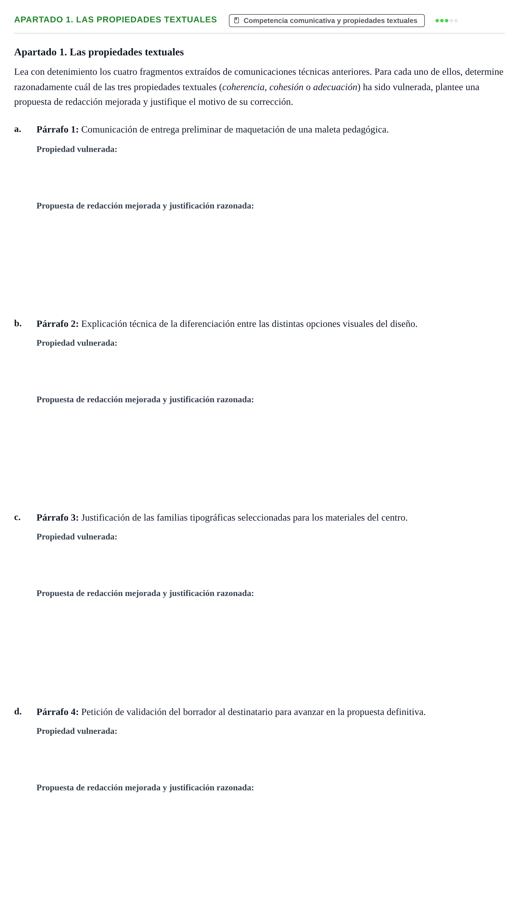 Enunciado: Apartado 1. Las propiedades textuales