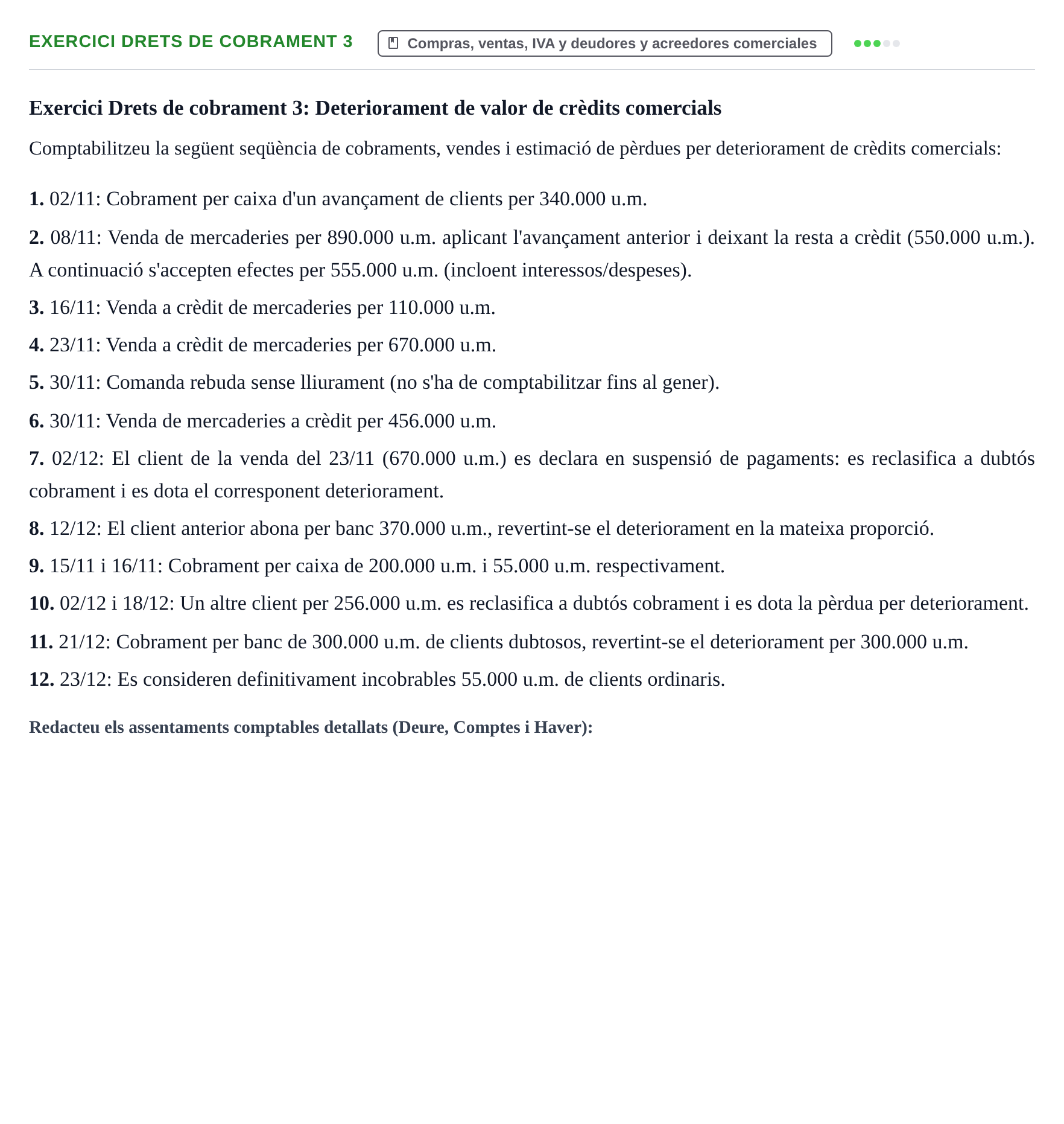 Enunciado: Exercici Drets de cobrament 3